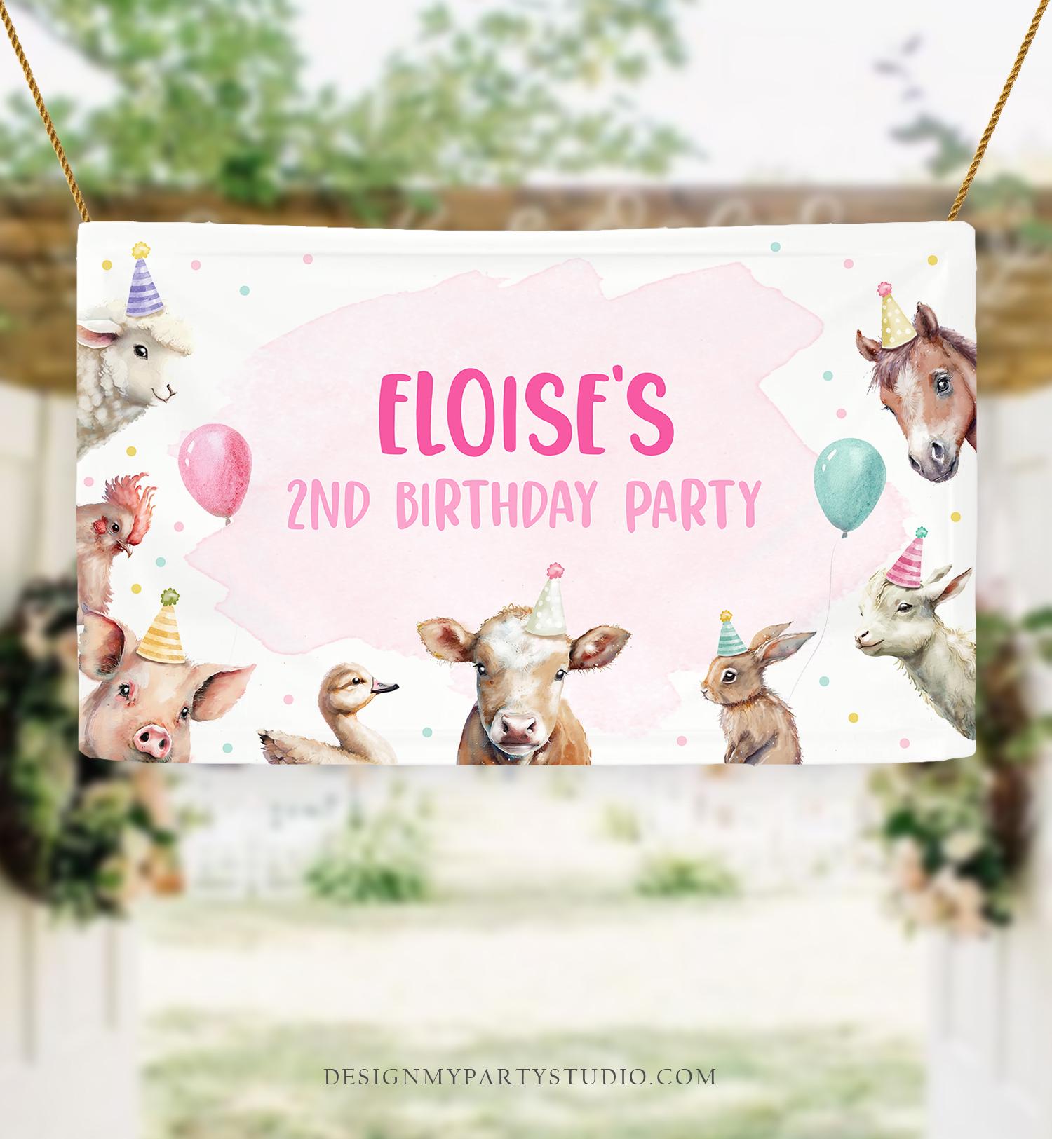 Editable Farm Backdrop Banner Pink Farm Birthday Girl Farm Animals Barnyard 2nd Birthday Decor Digital Download Template Printable 0448
