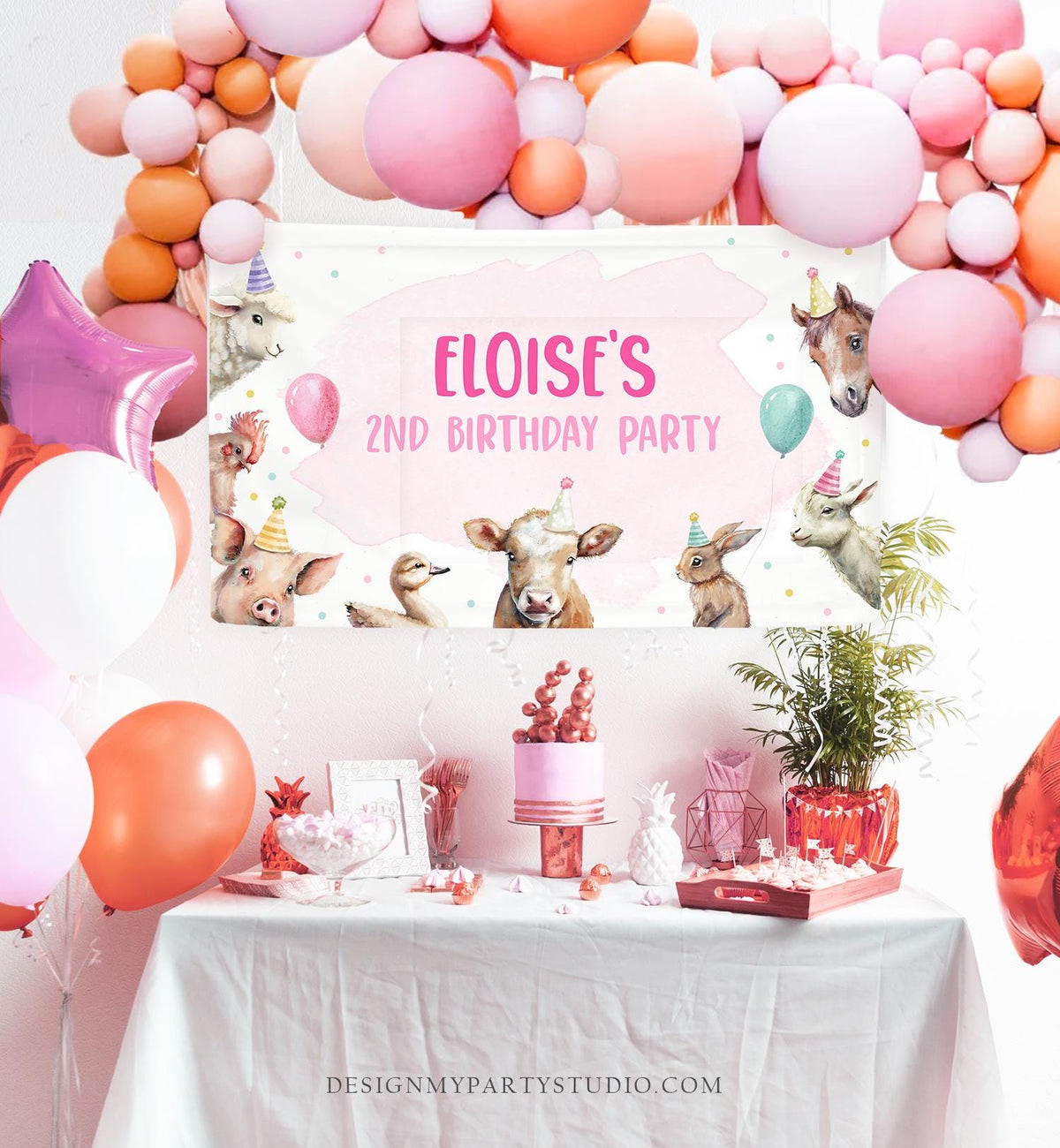 Editable Farm Backdrop Banner Pink Farm Birthday Girl Farm Animals Barnyard 2nd Birthday Decor Digital Download Template Printable 0448