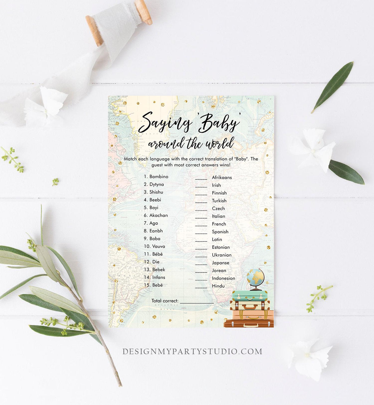 Editable Saying Baby Around the World Baby Shower Game Card Travel Adventure Journey Activity Printable Download Template Corjl 0263
