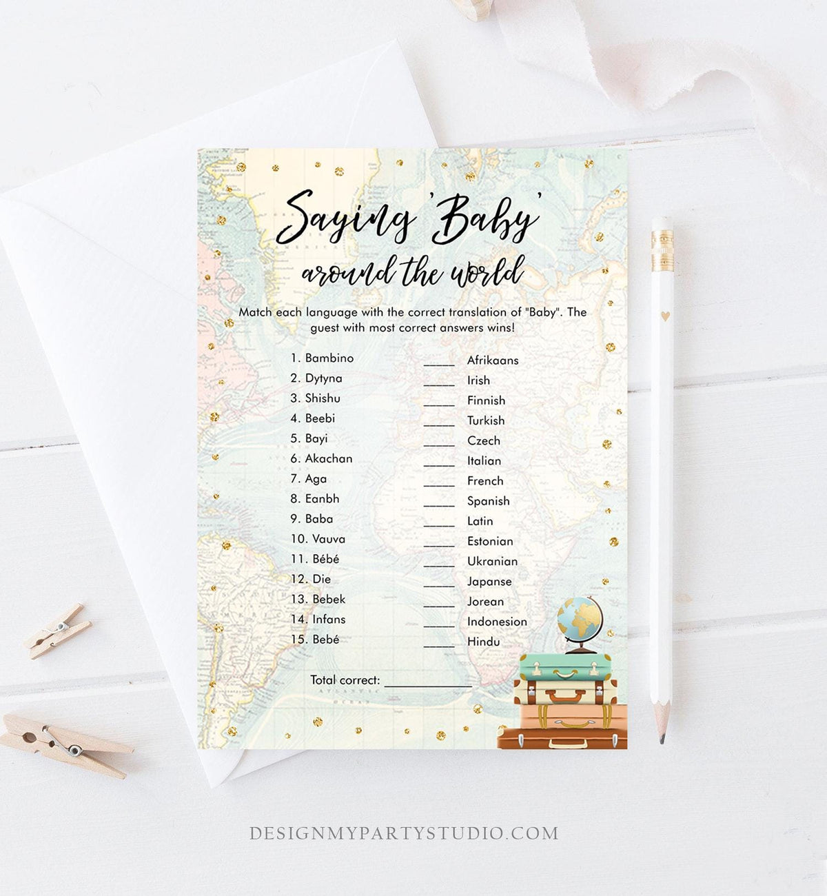 Editable Saying Baby Around the World Baby Shower Game Card Travel Adventure Journey Activity Printable Download Template Corjl 0263