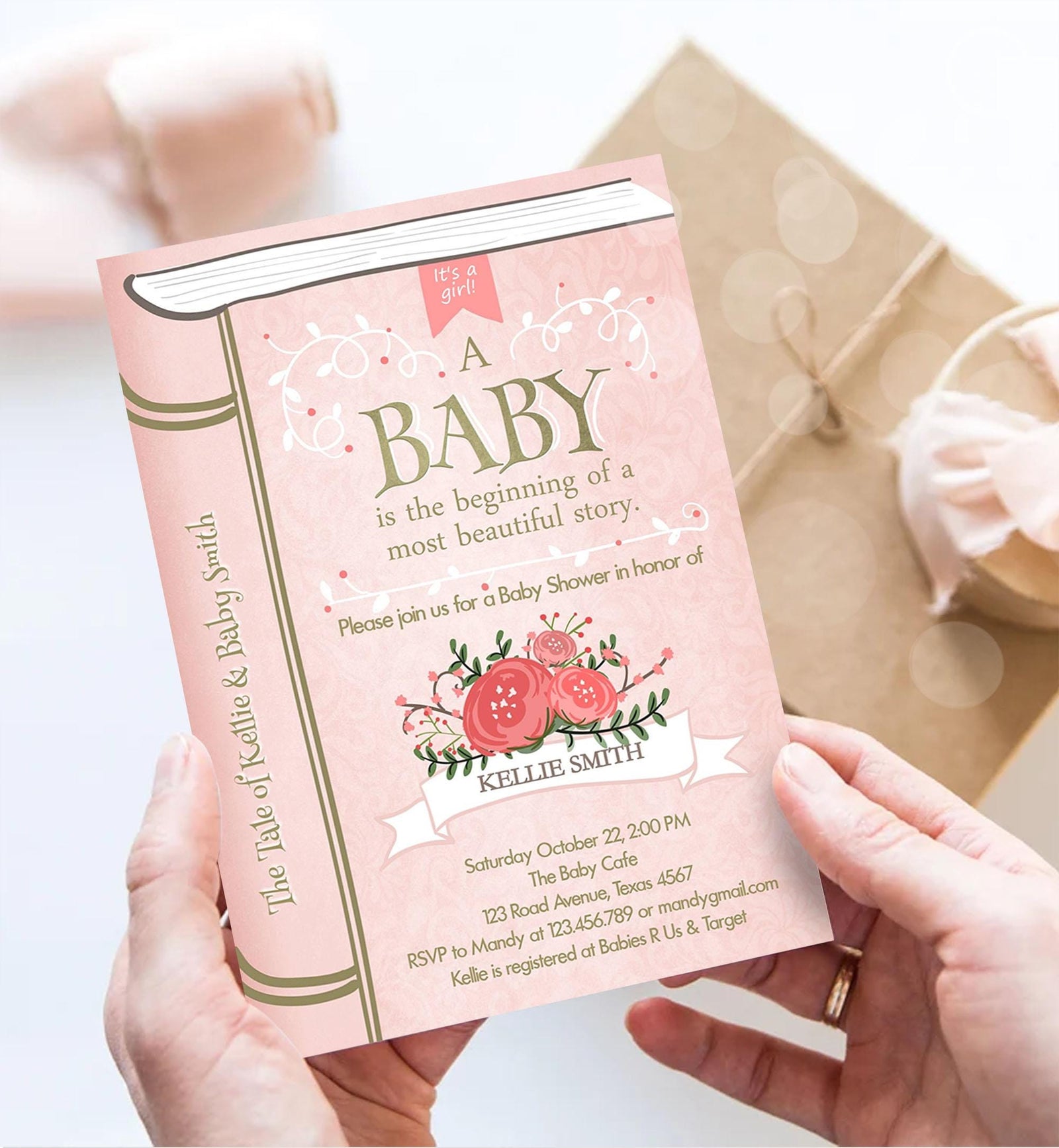 Editable Vintage Storybook Baby Shower Invitation Pink Gold Once Upon a Time Girl Couples Book Digital Evite Template Printable 0023