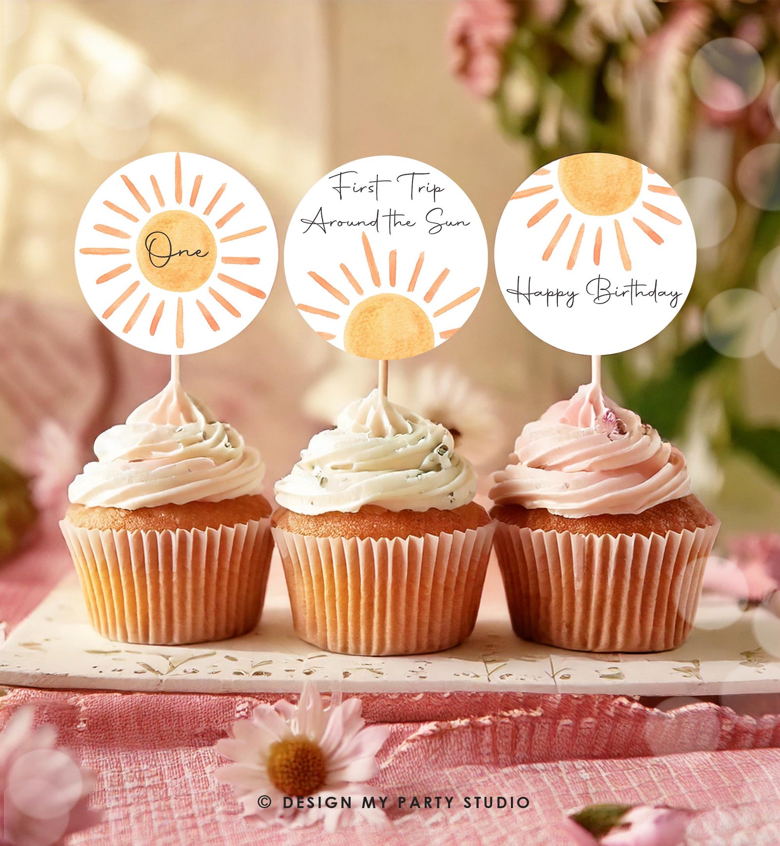Sun Birthday Cupcake Toppers First Trip Around the Sun Favor Tags Sunshine Party Little Sunshine Decor 1st Download Digital Printable 0431
