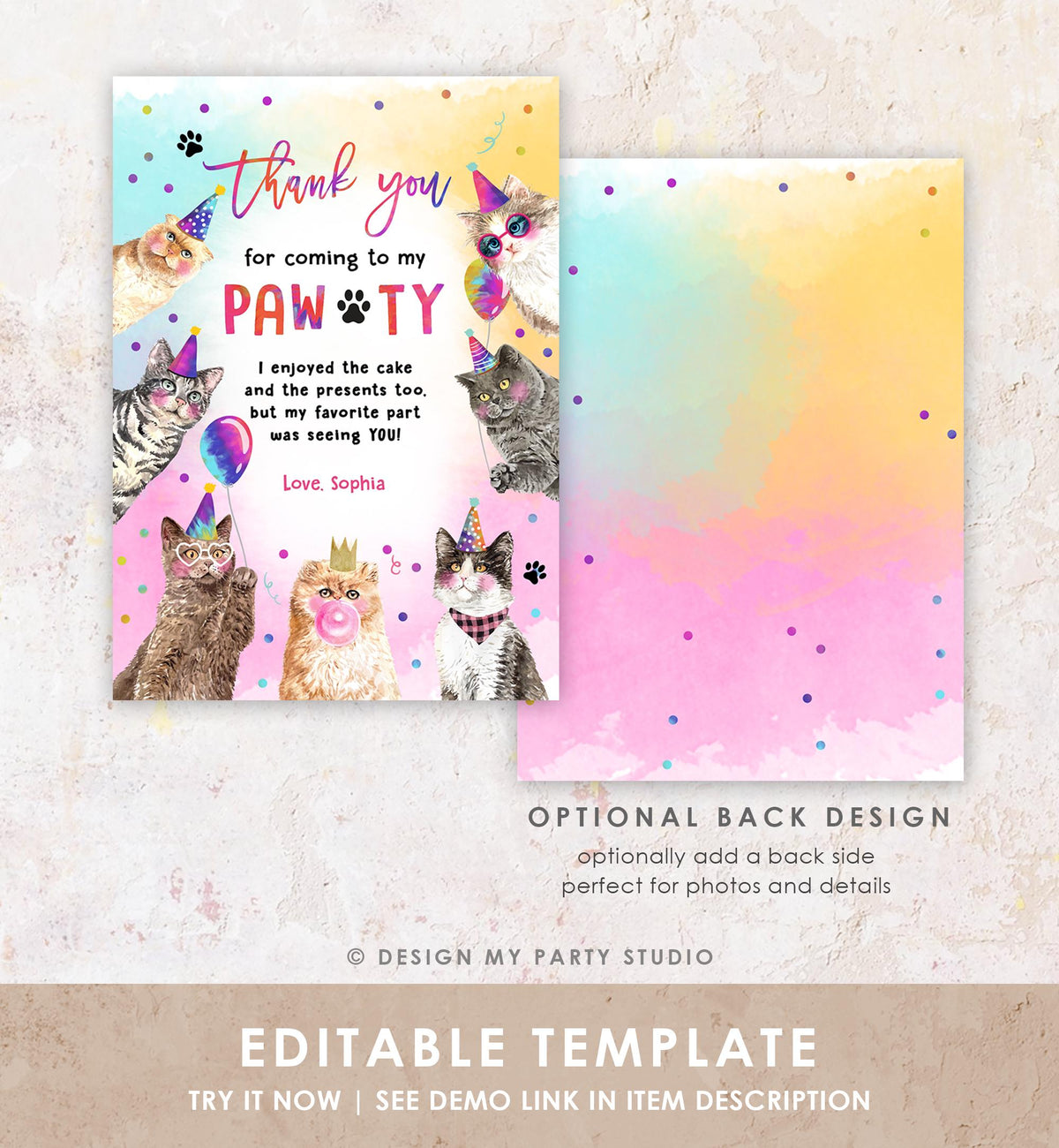 Editable Cats Birthday Thank You Card Kitten Birthday Thank You Note Pawty Party Animals Pet Digital Download Template Printable 0460