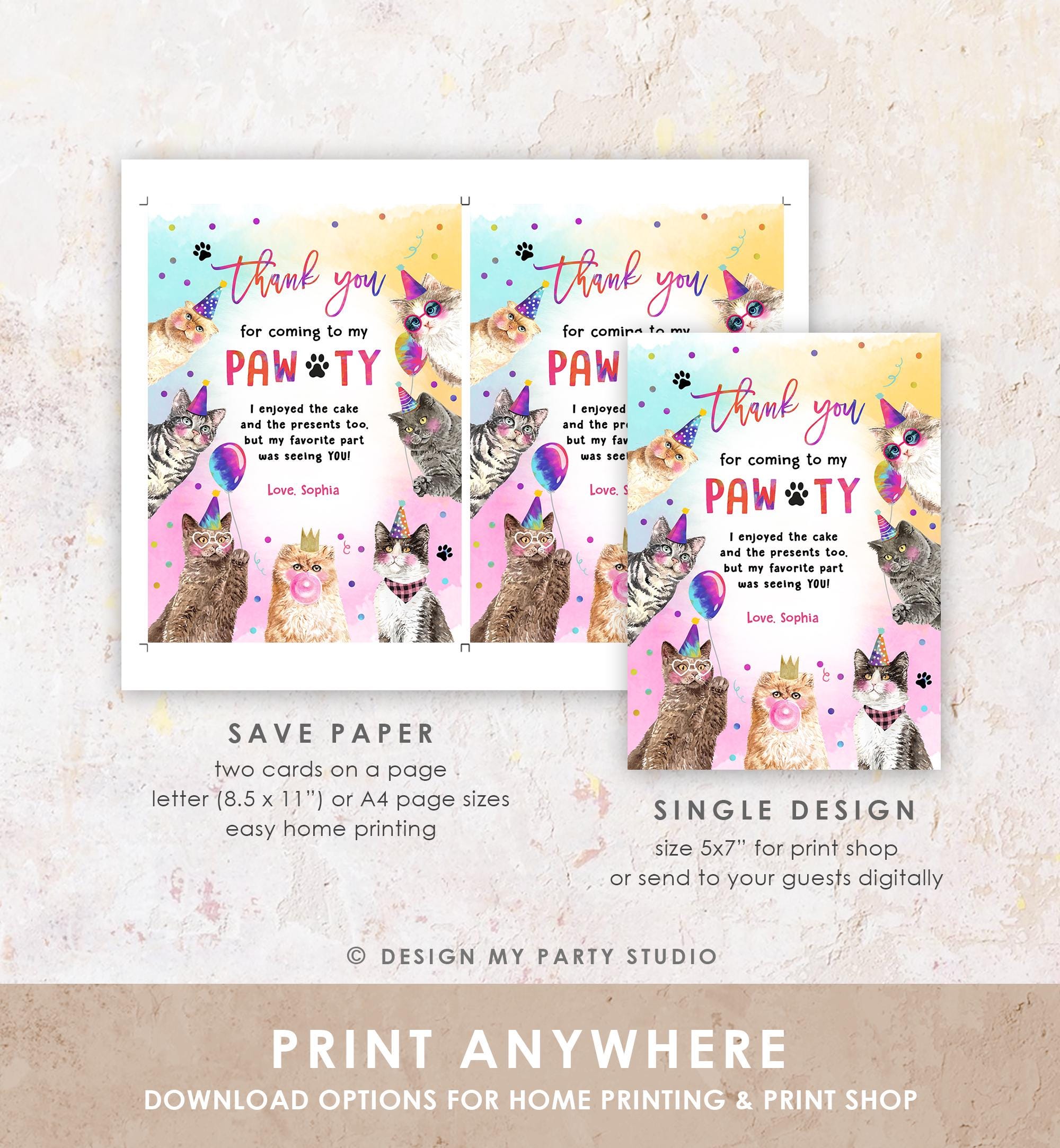 Editable Cats Birthday Thank You Card Kitten Birthday Thank You Note Pawty Party Animals Pet Digital Download Template Printable 0460