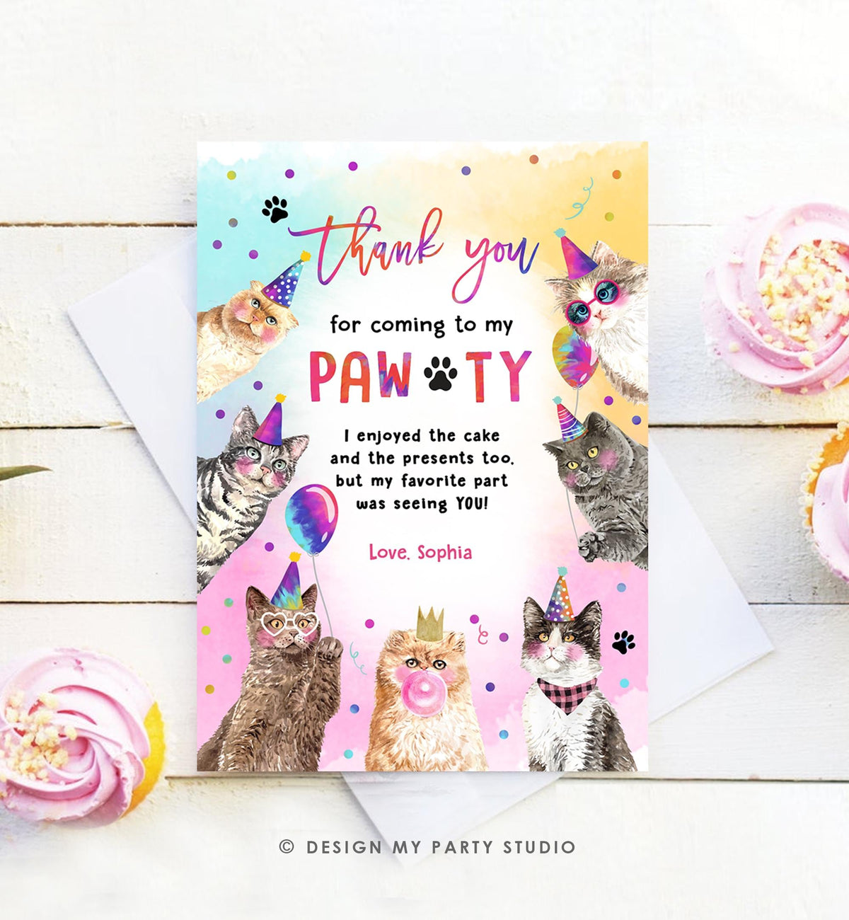 Editable Cats Birthday Thank You Card Kitten Birthday Thank You Note Pawty Party Animals Pet Digital Download Template Printable 0460