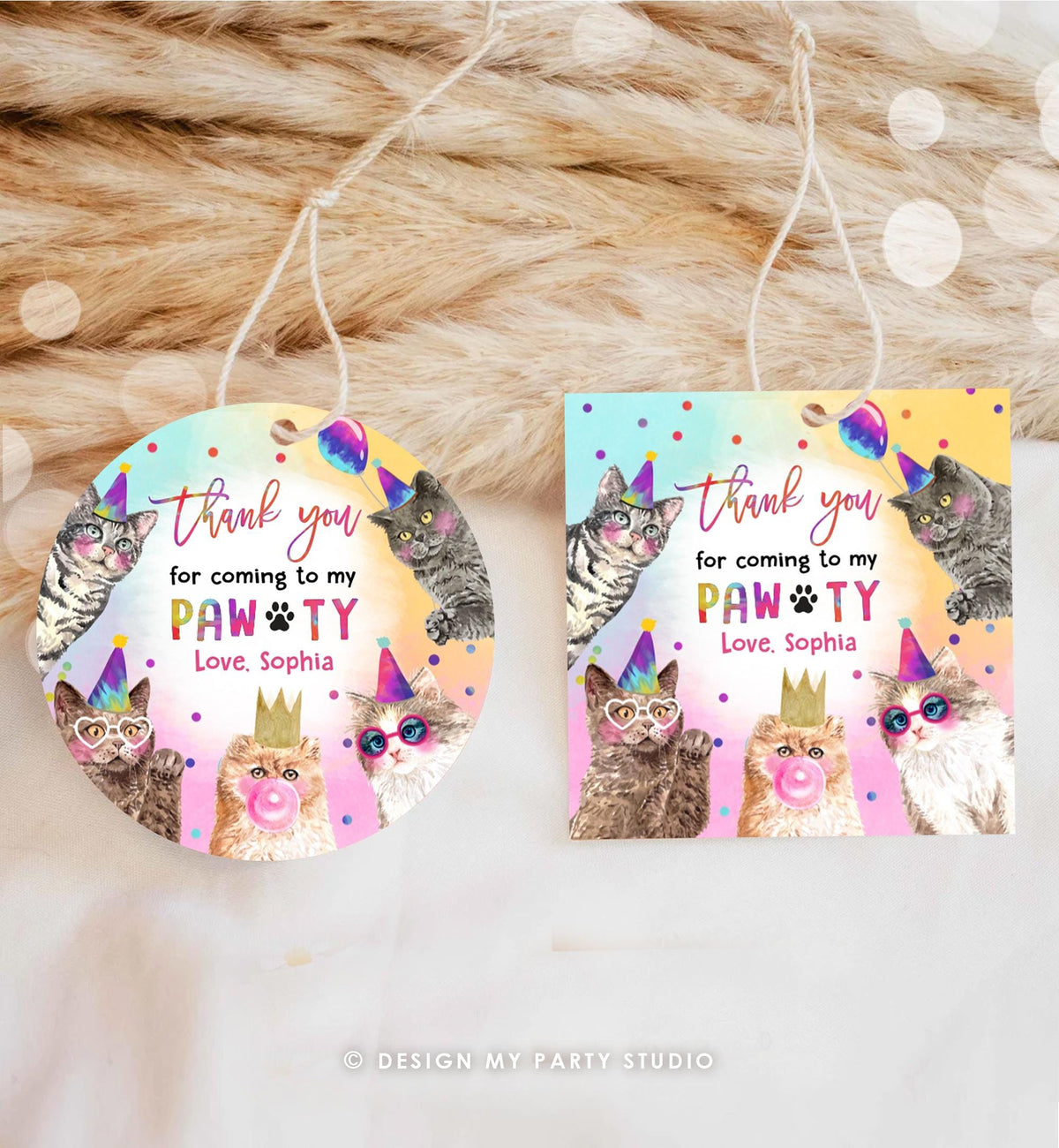 Editable Cats Birthday Favor Tag Kitten Birthday Thank You Tag Stickers Girl Pawty Kitten Pet Party Animals Digital Template Printable 0460