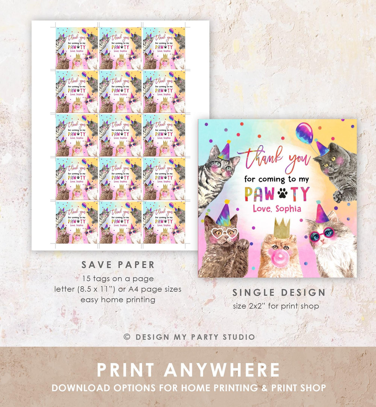 Editable Cats Birthday Favor Tag Kitten Birthday Thank You Tag Stickers Girl Pawty Kitten Pet Party Animals Digital Template Printable 0460