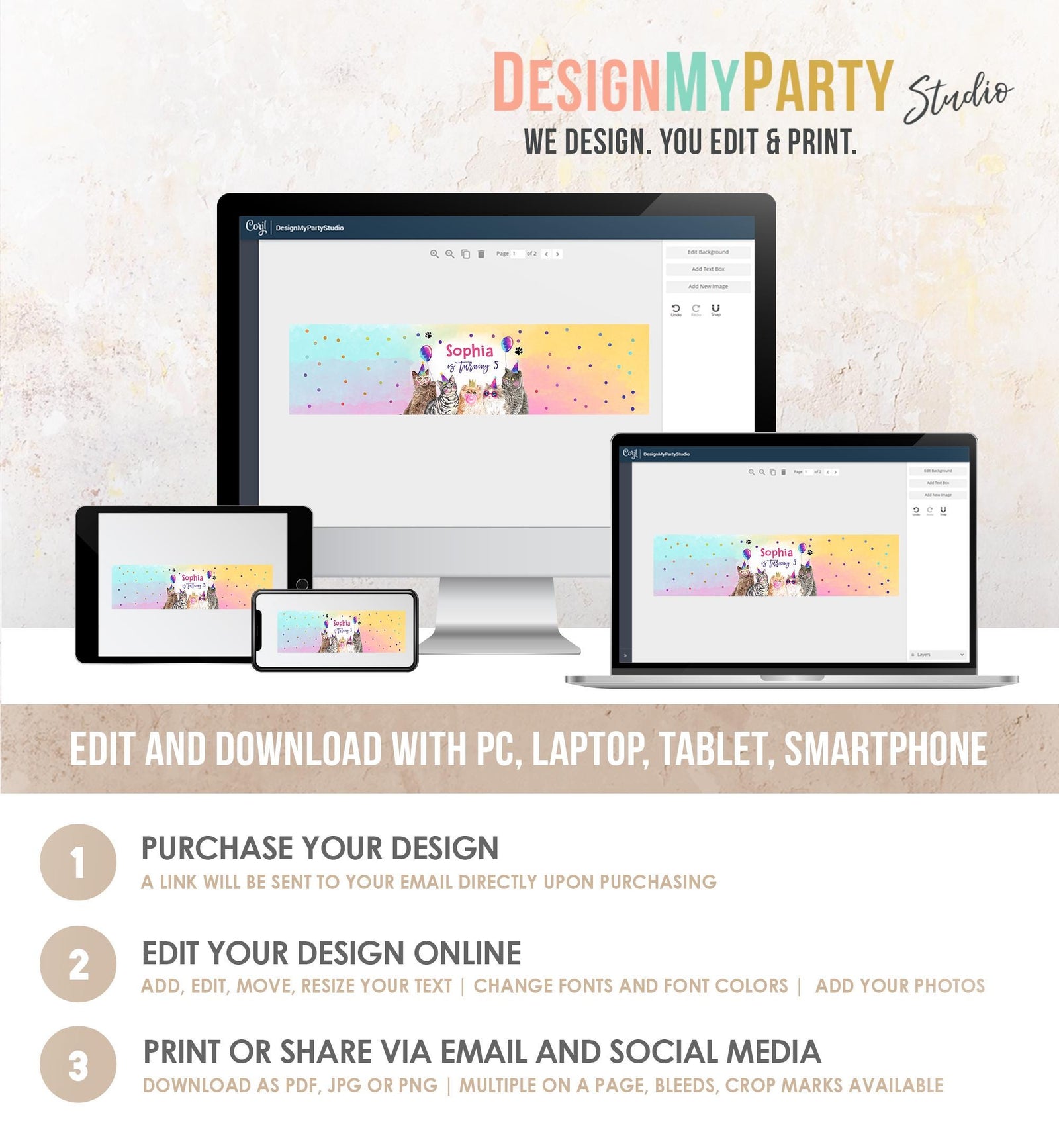 Editable Cats Water Bottle Labels Kitten Birthday Pawty Party Kitten Pet Cat Decor Bottle Wrap Digital Template Printable 0460