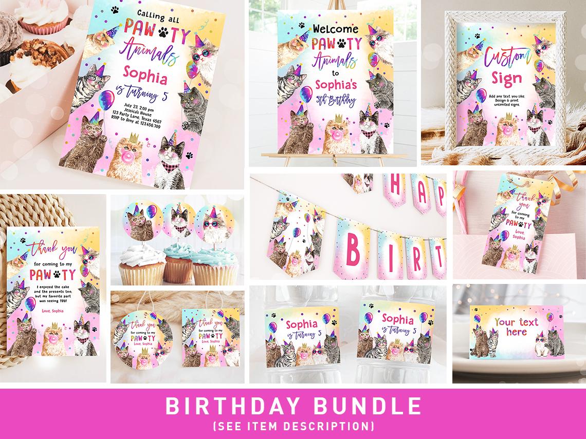 Cats Birthday Invitation Bundle Cats and Kittens Pawty Party Invite Birthday Come Sit Stay Girl 1st Birthday Digital Template Printable 0460