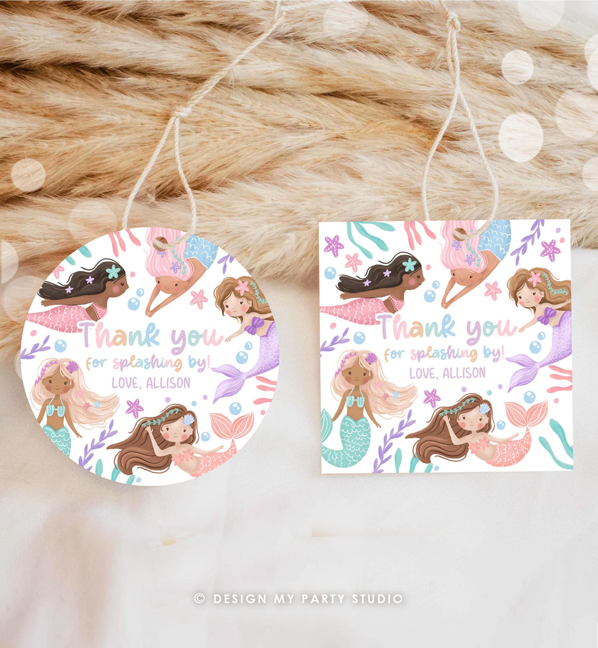 Editable Mermaid Birthday Favor Tag Under The Sea Thank You Mermaid Party Girl Pink Purple Pastel Digital Download Template Printable 0546