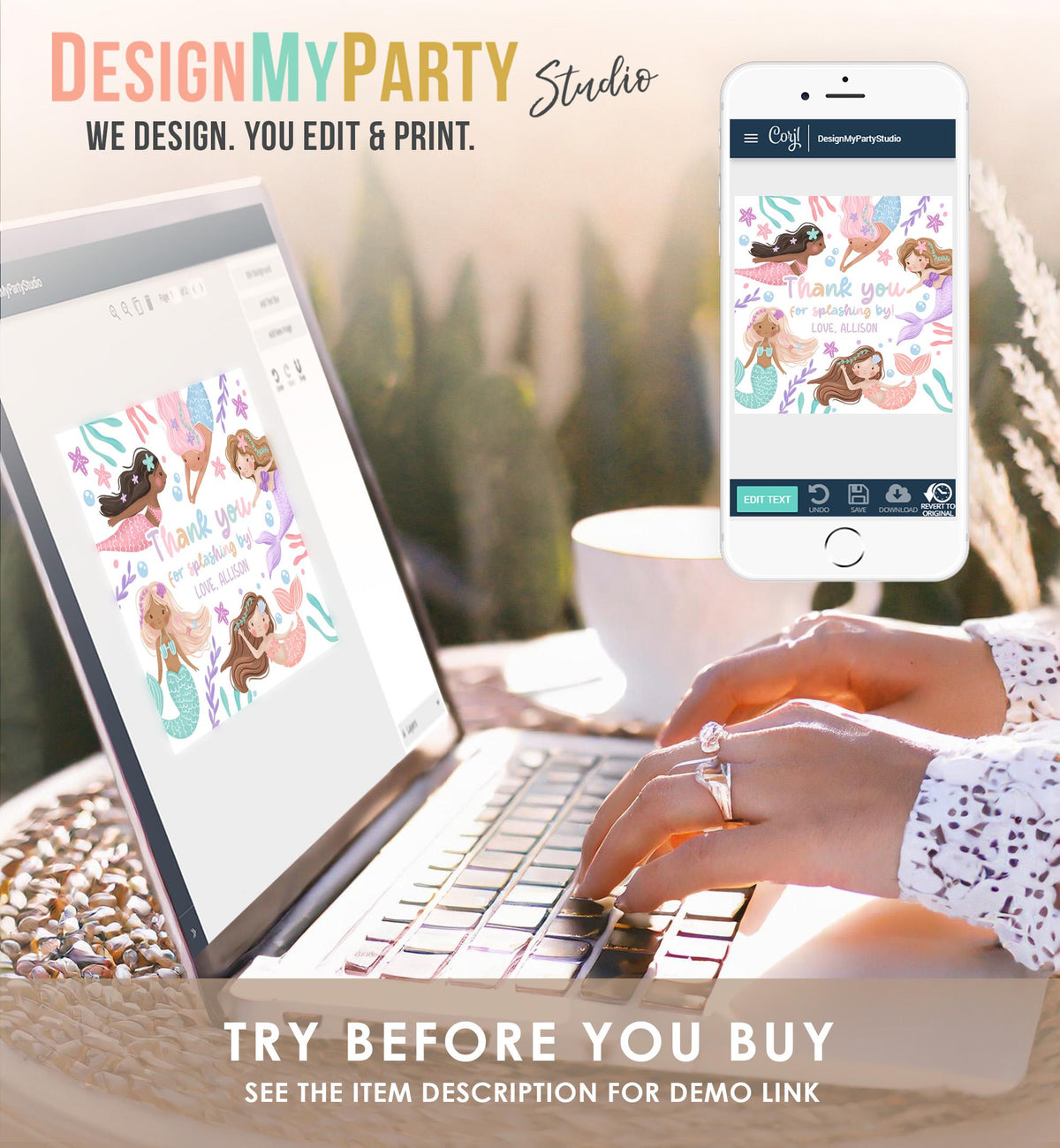 Editable Mermaid Birthday Favor Tag Under The Sea Thank You Mermaid Party Girl Pink Purple Pastel Digital Download Template Printable 0546