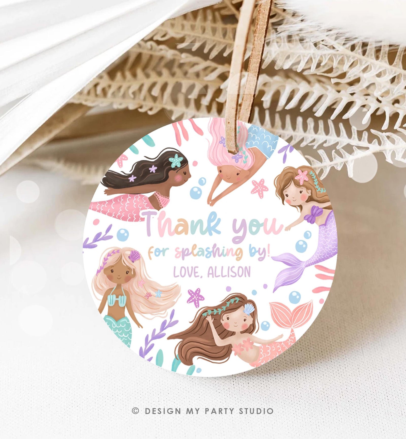 Editable Mermaid Birthday Favor Tag Under The Sea Thank You Mermaid Party Girl Pink Purple Pastel Digital Download Template Printable 0546