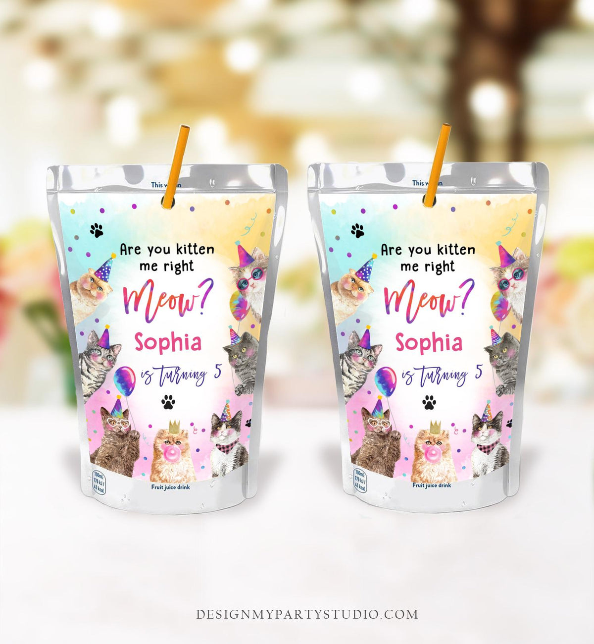 Editable Cats Kittens Juice Pouch Label Juice Favors Are You Kitten Meow Pawty Girl Birthday Party Digital Download Template Printable 0460
