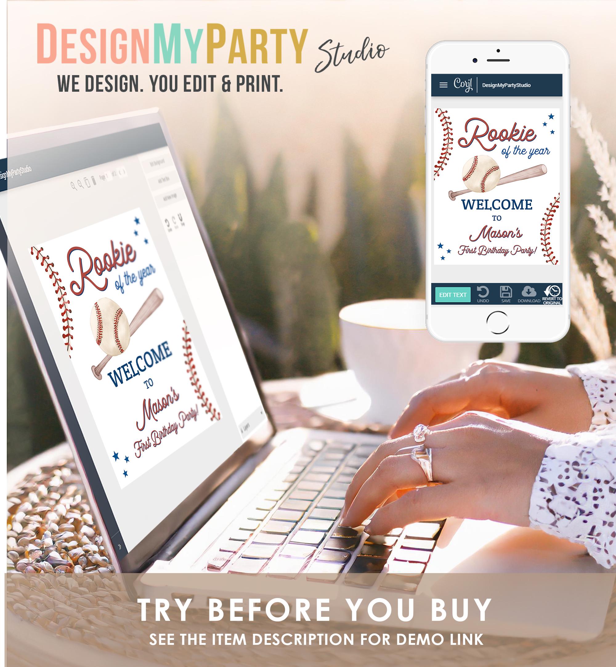 Editable Baseball Birthday Welcome Sign Rookie of The Year Little Snugger First Birthday 1st Digital Download Template Printable 0492