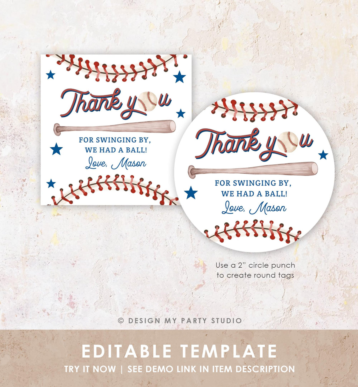 Editable Thank You For Swinging By Baseball Favor Tag Rookie Year Boy Girl Birthday Party Gift Sticker Note Digital Template Printable 0492