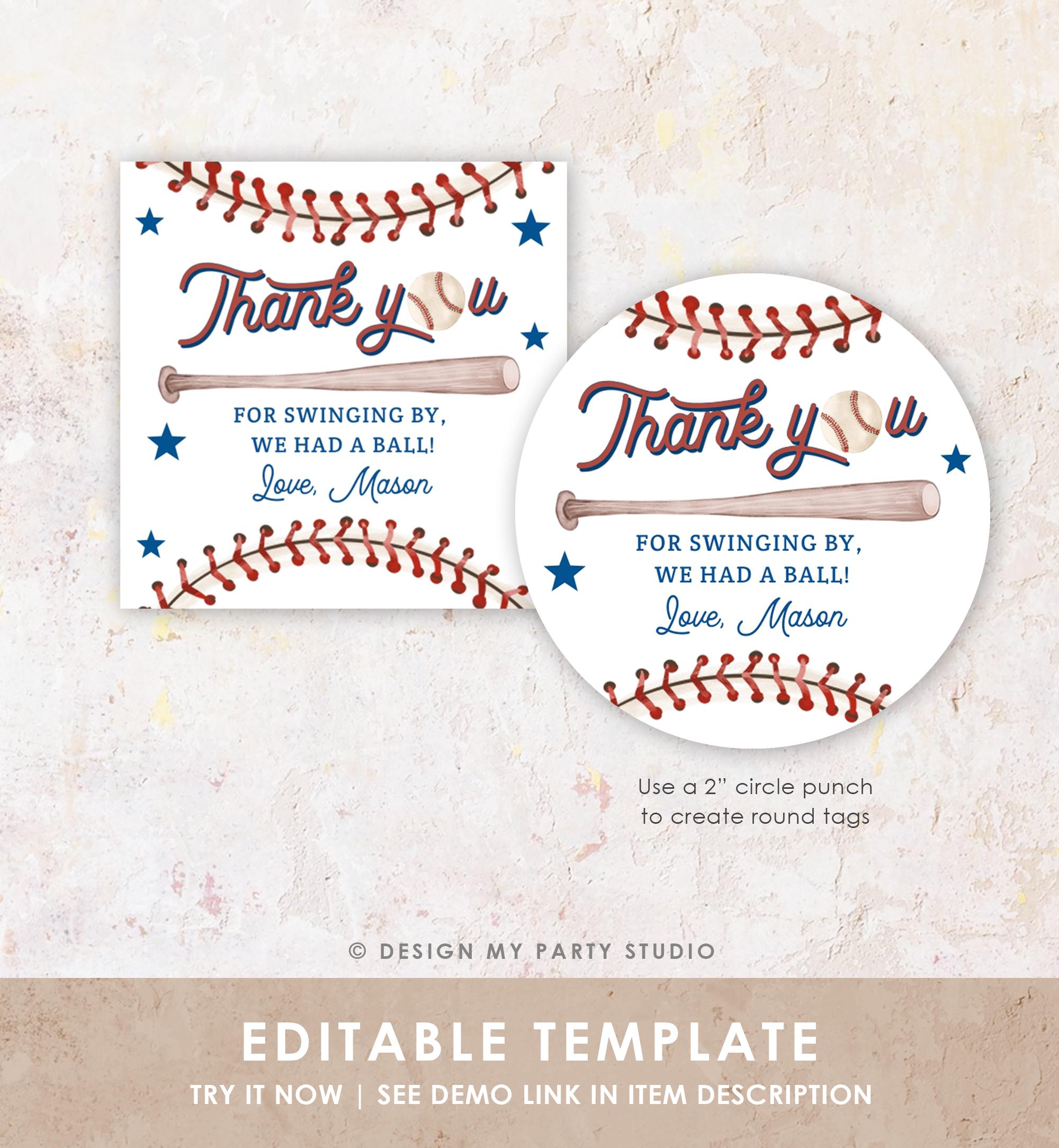 Editable Thank You For Swinging By Baseball Favor Tag Rookie Year Boy Girl Birthday Party Gift Sticker Note Digital Template Printable 0492