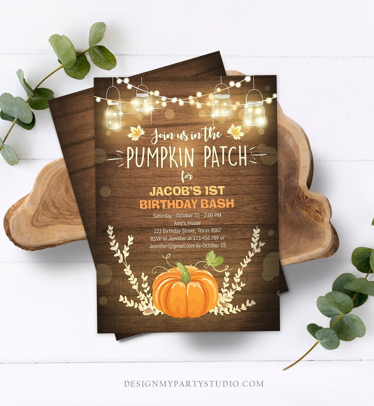 May include: A rustic wood background with a pumpkin patch birthday party invitation. The invitation is for Jacob&amp;#39;s 1st birthday bash. The invitation has a pumpkin, fall leaves, and string lights. The text on the invitation reads: &amp;#39;Join us in the Pumpkin Patch for Jacob&amp;#39;s 1st Birthday Bash&amp;#39;, &amp;#39;Saturday - October 22 - 2:00 PM&amp;#39;, &amp;#39;Amy&amp;#39;s House&amp;#39;, &amp;#39;123 Birthday Street, Texas 4567&amp;#39;, &amp;#39;RSVP to Jennifer at 123.456.789 or Jennifer@gmail.com by October 15&amp;#39;,