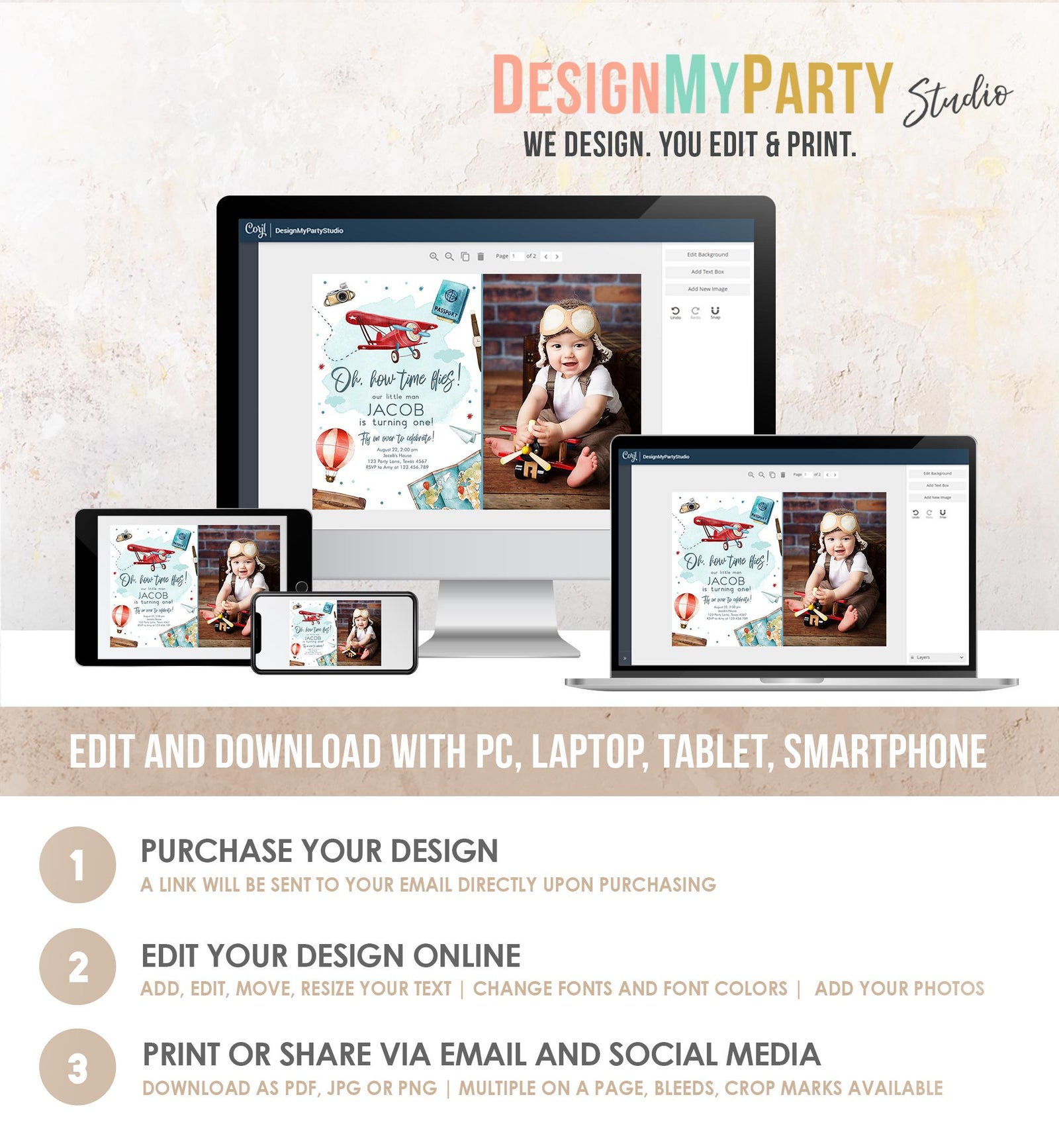 Editable Airplane Birthday Invitation Oh My Time Flies Red Airplane 1st First Travel Adventure Party Digital Evite Template Printable 0468