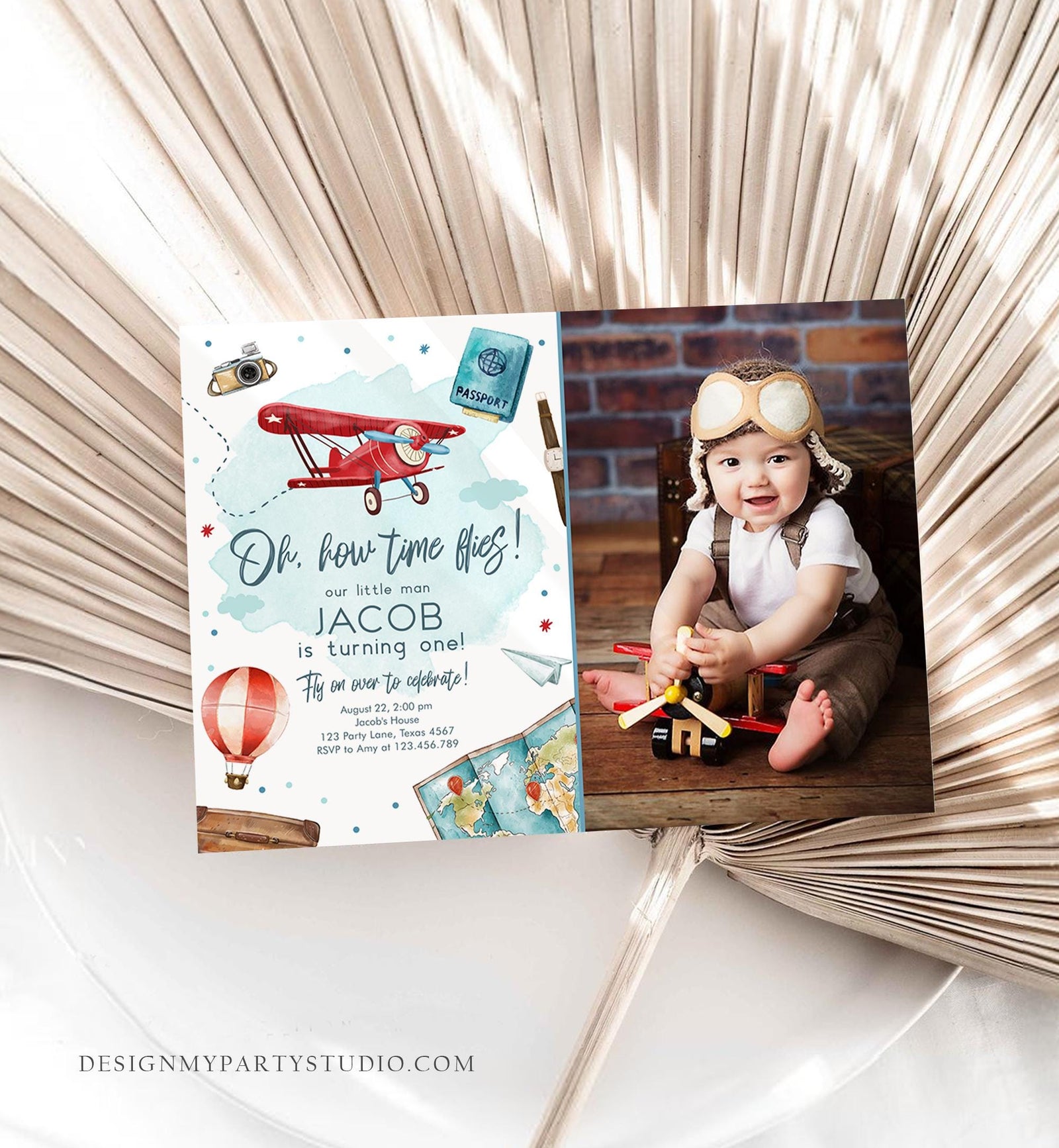 Editable Airplane Birthday Invitation Oh My Time Flies Red Airplane 1st First Travel Adventure Party Digital Evite Template Printable 0468