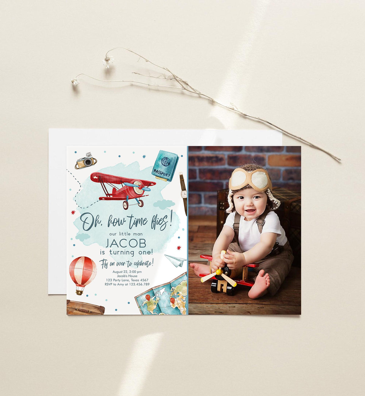 Editable Airplane Birthday Invitation Oh My Time Flies Red Airplane 1st First Travel Adventure Party Digital Evite Template Printable 0468