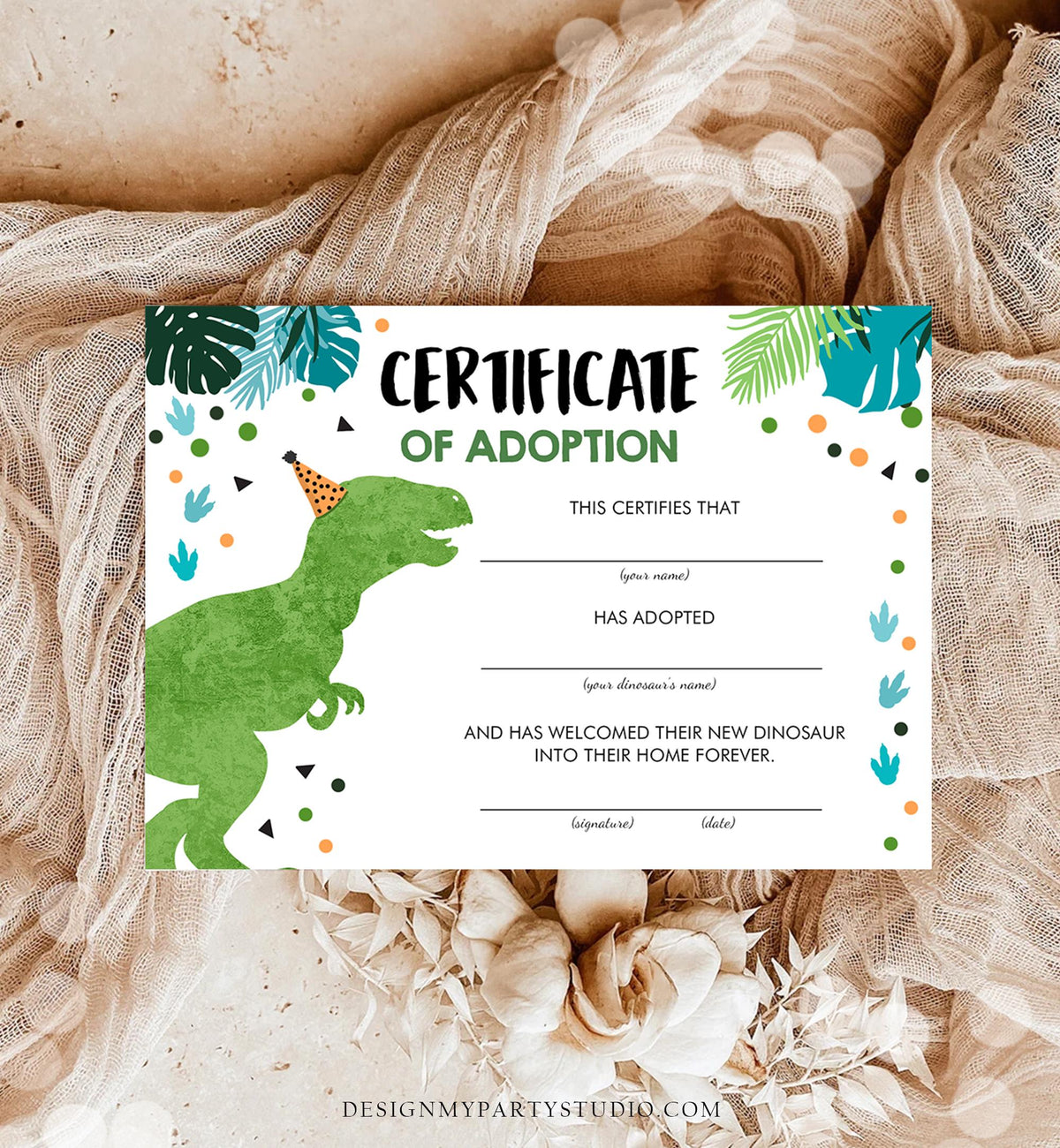 Dinosaur Adoption Certificate Dino Adoption Dinosaur Birthday Party Decor Boy Green Gold Prehistoric Instant Download Digital Printable 0146