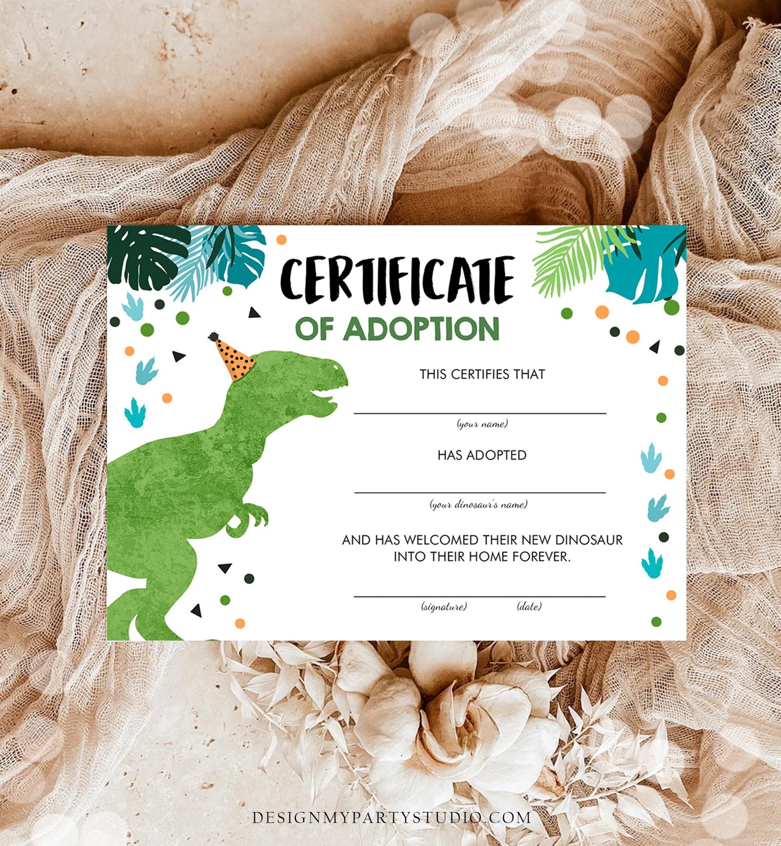 Dinosaur Adoption Certificate Dino Adoption Dinosaur Birthday Party Decor Boy Green Gold Prehistoric Instant Download Digital Printable 0146
