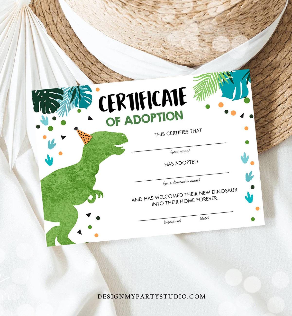 Dinosaur Adoption Certificate Dino Adoption Dinosaur Birthday Party Decor Boy Green Gold Prehistoric Instant Download Digital Printable 0146