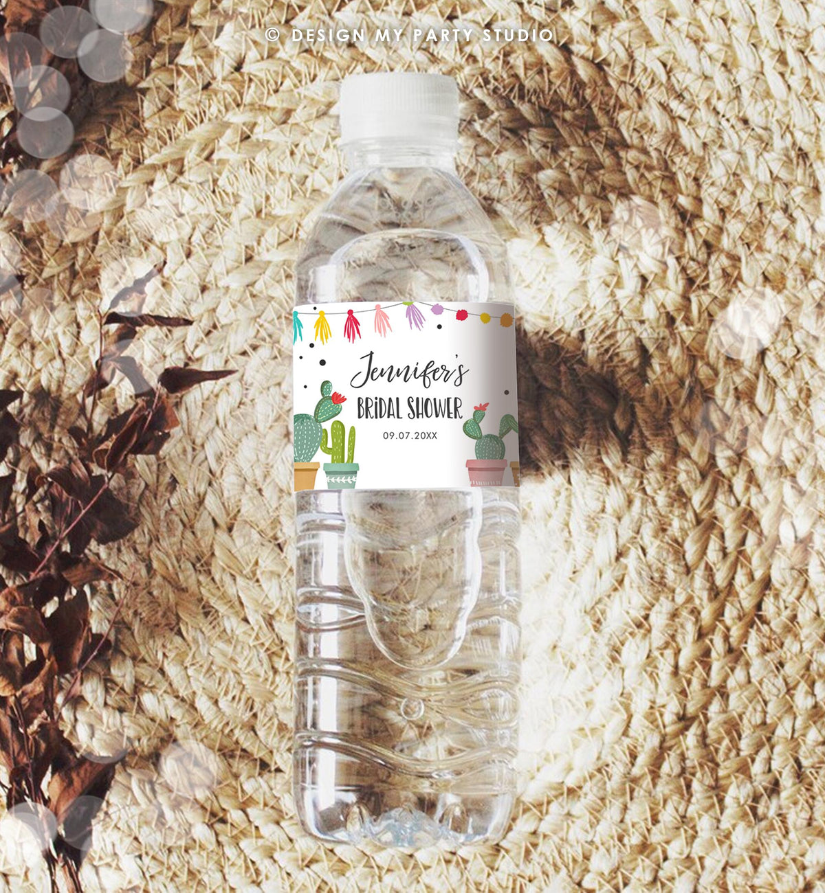 Editable Cactus Fiesta Water Bottle Label Couples Bridal Shower Taco Bout Love Mexican Desert Succulent Digital Template Printable 0254