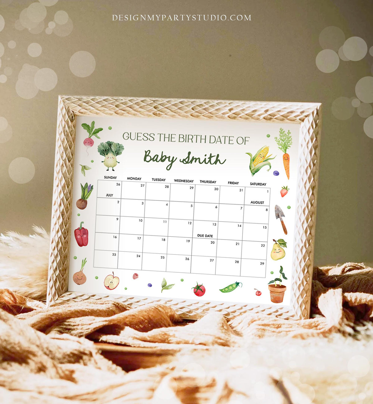 Editable Guess the Birth Date Little Sprout Baby Shower Game Guess Birthday Farmers Market Locally Grown Vegetables Template Printable 0544