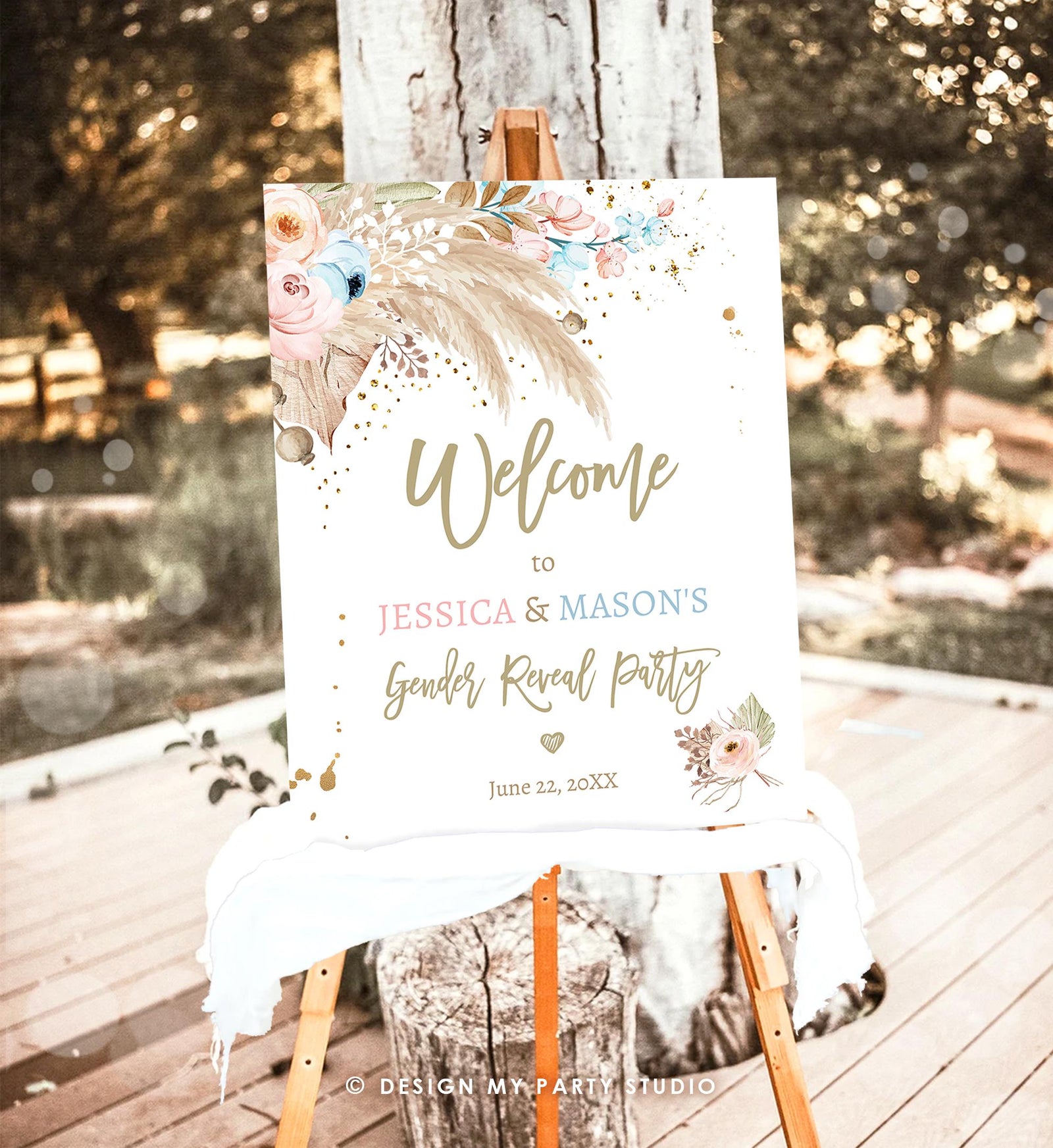 Editable Pampas Grass Gender Reveal Party Welcome Sign Couples Baby Shower Boho Gender Neutral Blue or Pink Digital Template Printable 0395