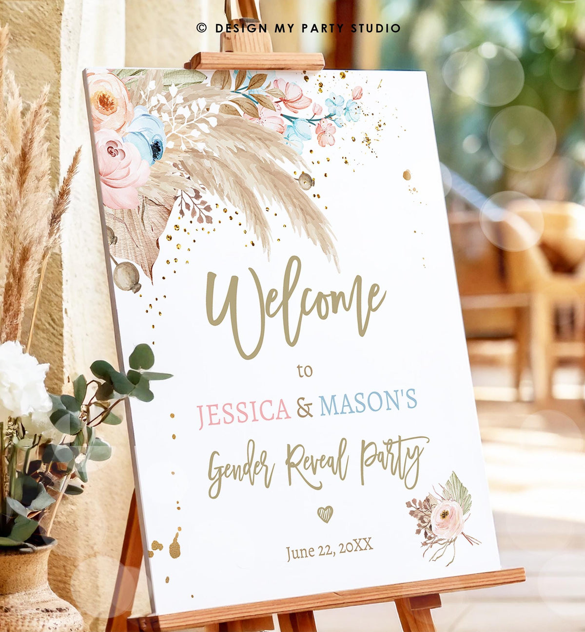 Editable Pampas Grass Gender Reveal Party Welcome Sign Couples Baby Shower Boho Gender Neutral Blue or Pink Digital Template Printable 0395