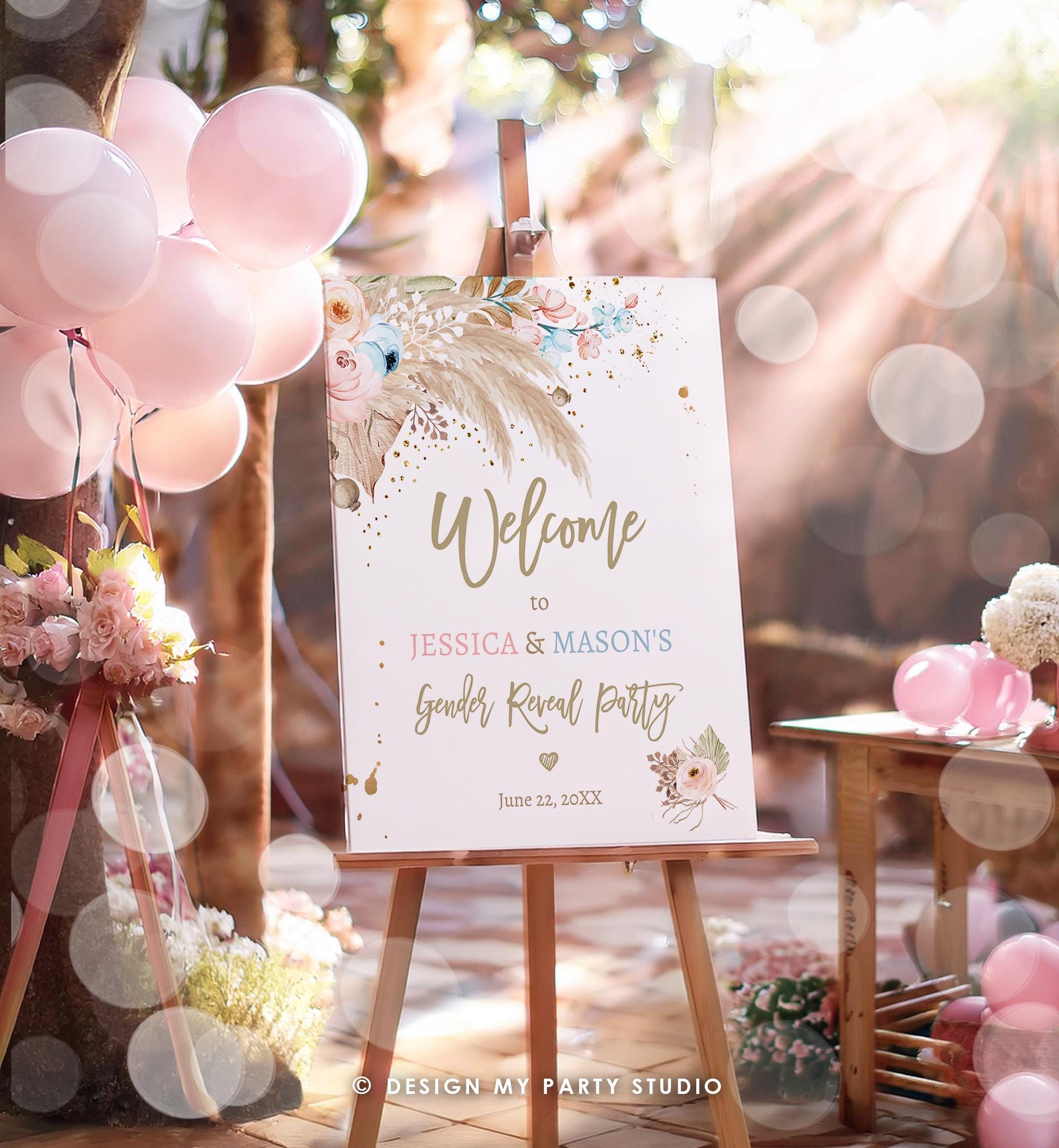 Editable Pampas Grass Gender Reveal Party Welcome Sign Couples Baby Shower Boho Gender Neutral Blue or Pink Digital Template Printable 0395