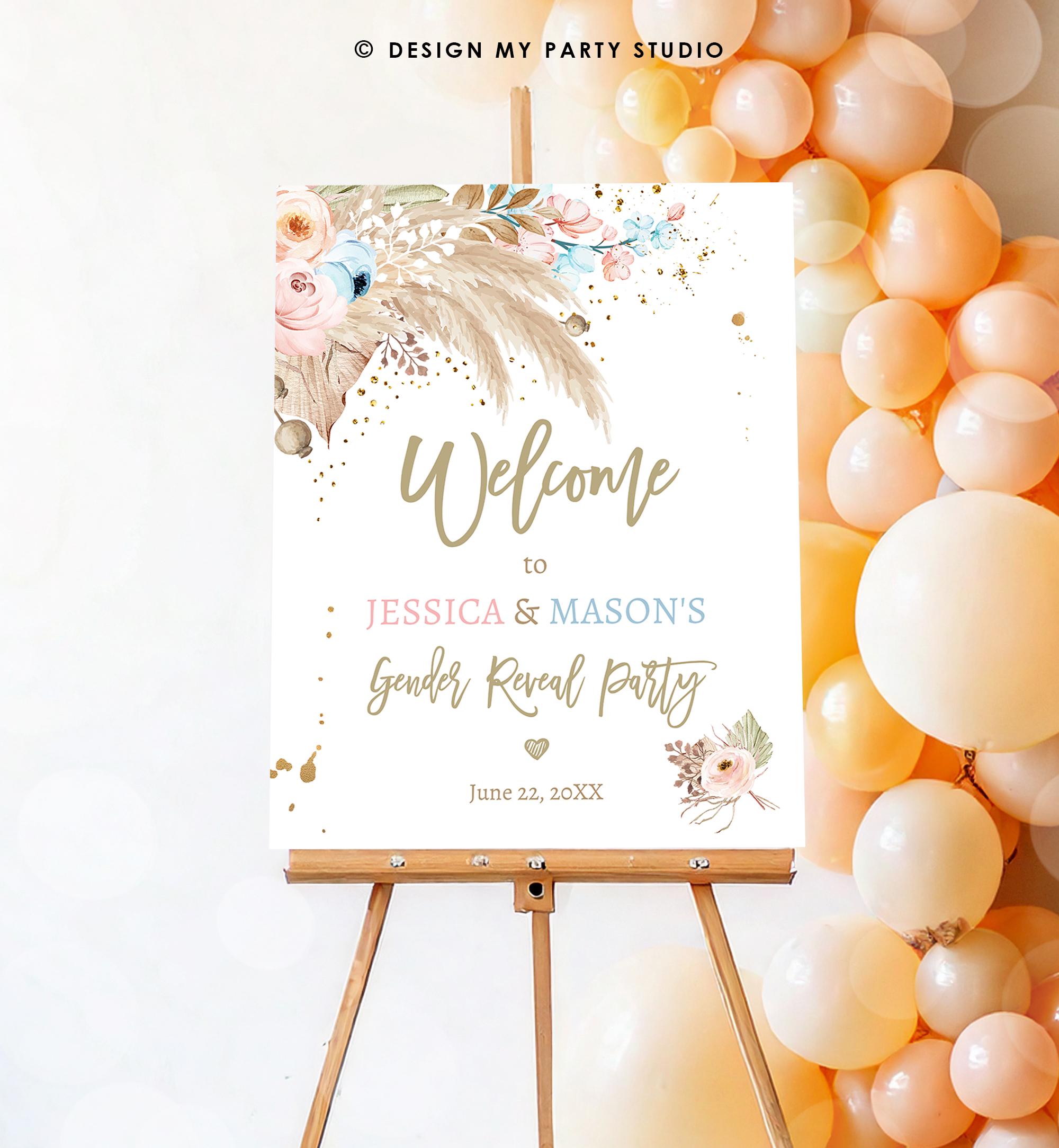 Editable Pampas Grass Gender Reveal Party Welcome Sign Couples Baby Shower Boho Gender Neutral Blue or Pink Digital Template Printable 0395