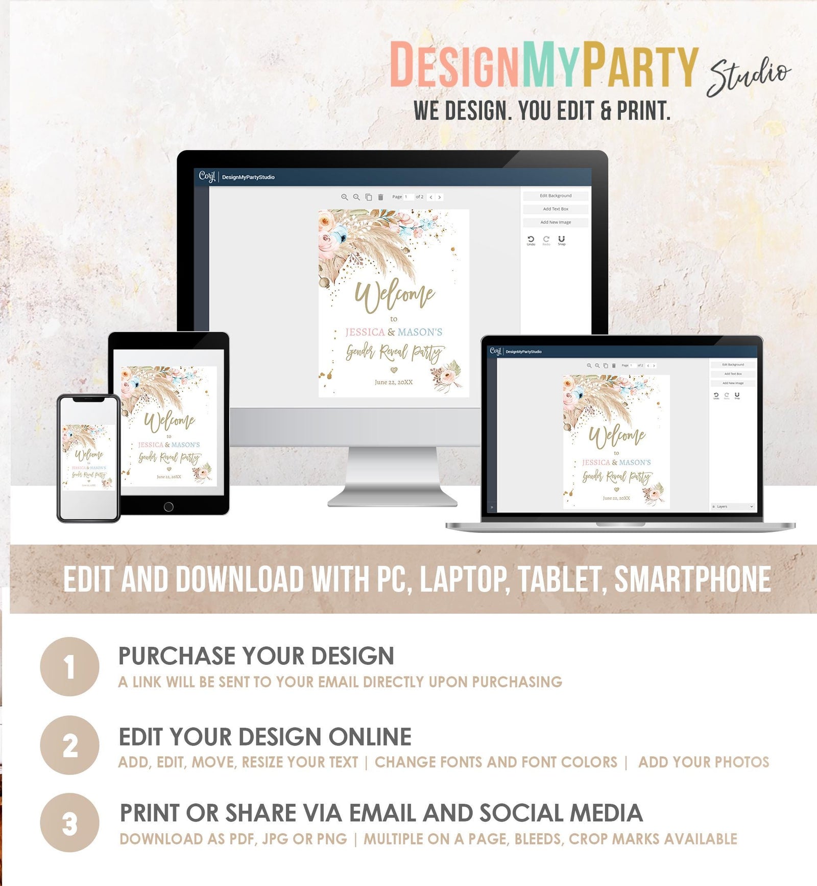 Editable Pampas Grass Gender Reveal Party Welcome Sign Couples Baby Shower Boho Gender Neutral Blue or Pink Digital Template Printable 0395