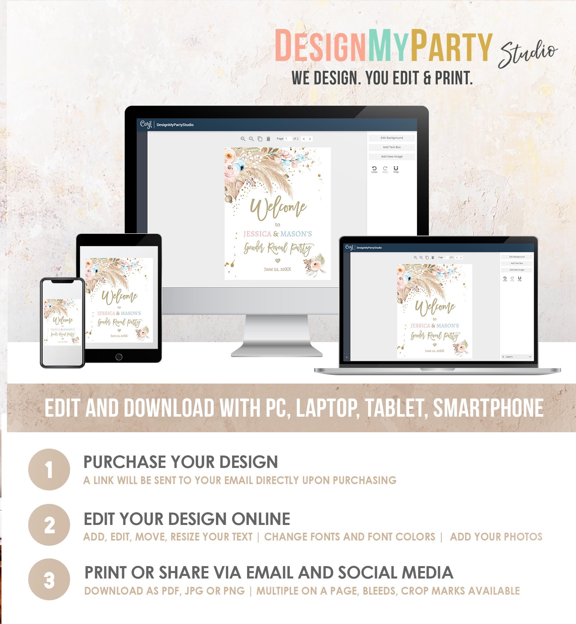 Editable Pampas Grass Gender Reveal Party Welcome Sign Couples Baby Shower Boho Gender Neutral Blue or Pink Digital Template Printable 0395