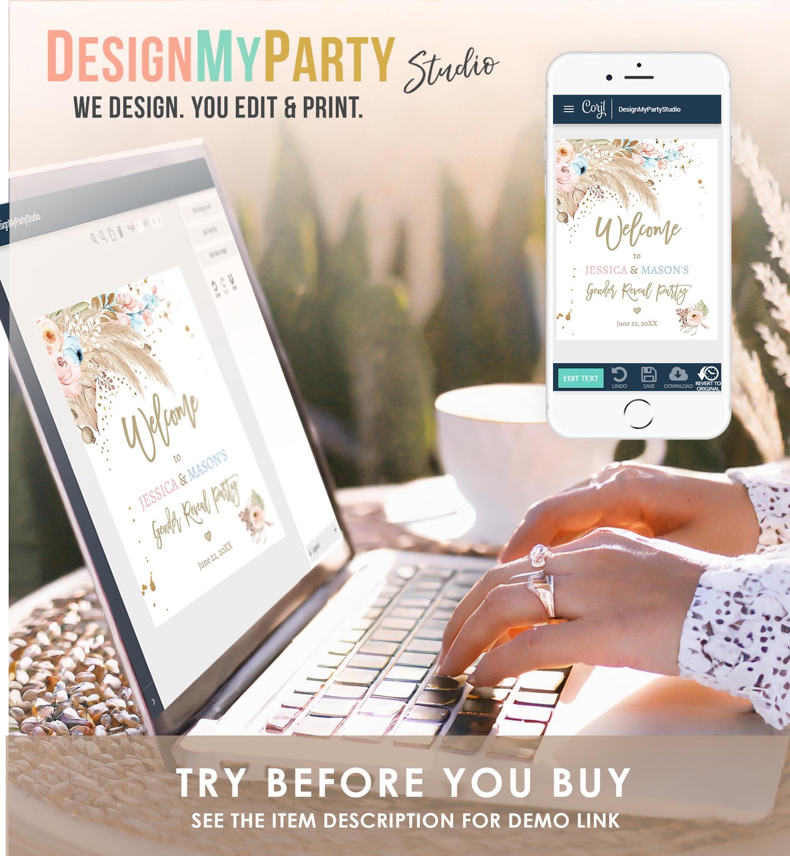 Editable Pampas Grass Gender Reveal Party Welcome Sign Couples Baby Shower Boho Gender Neutral Blue or Pink Digital Template Printable 0395