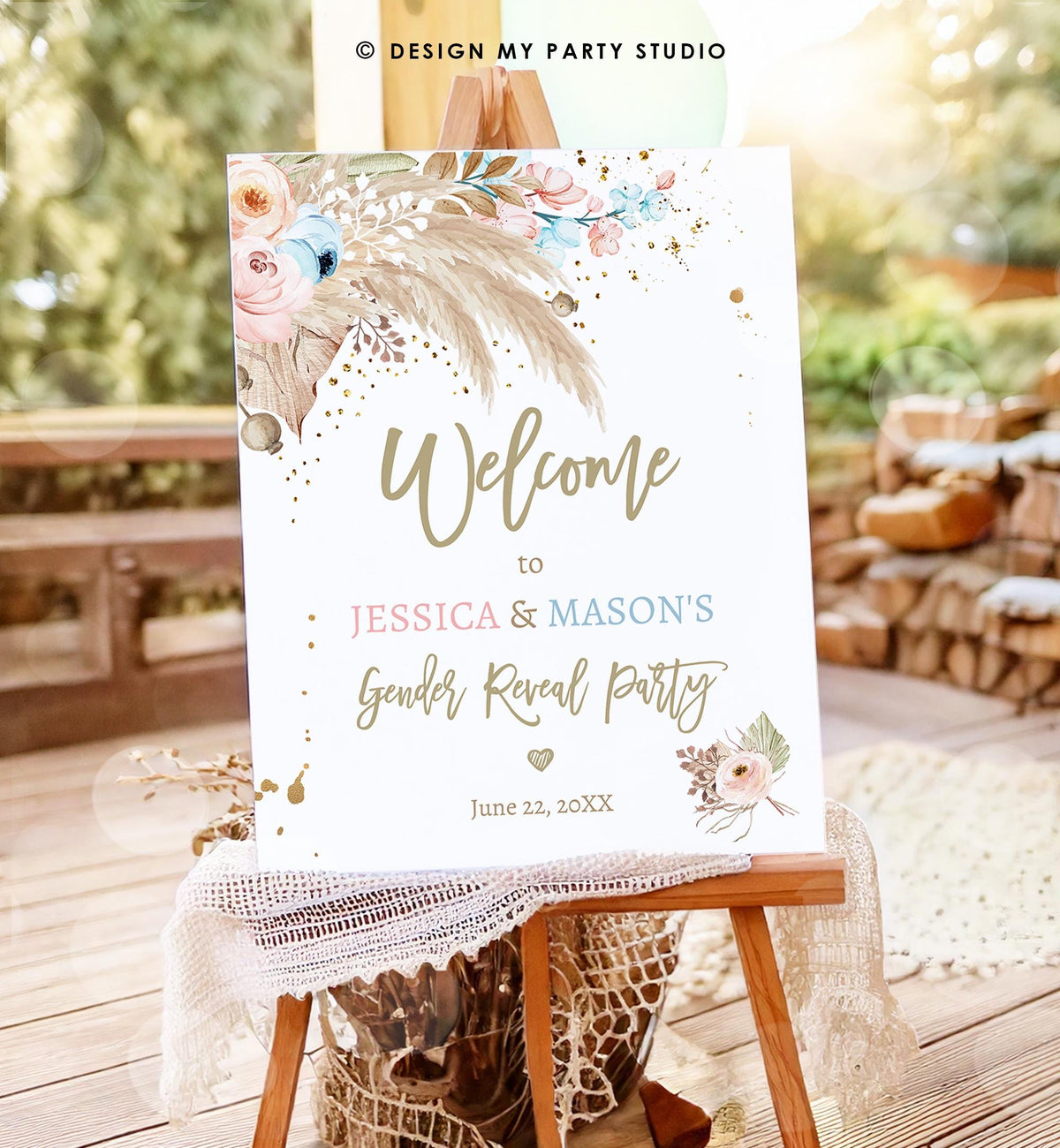 Editable Pampas Grass Gender Reveal Party Welcome Sign Couples Baby Shower Boho Gender Neutral Blue or Pink Digital Template Printable 0395