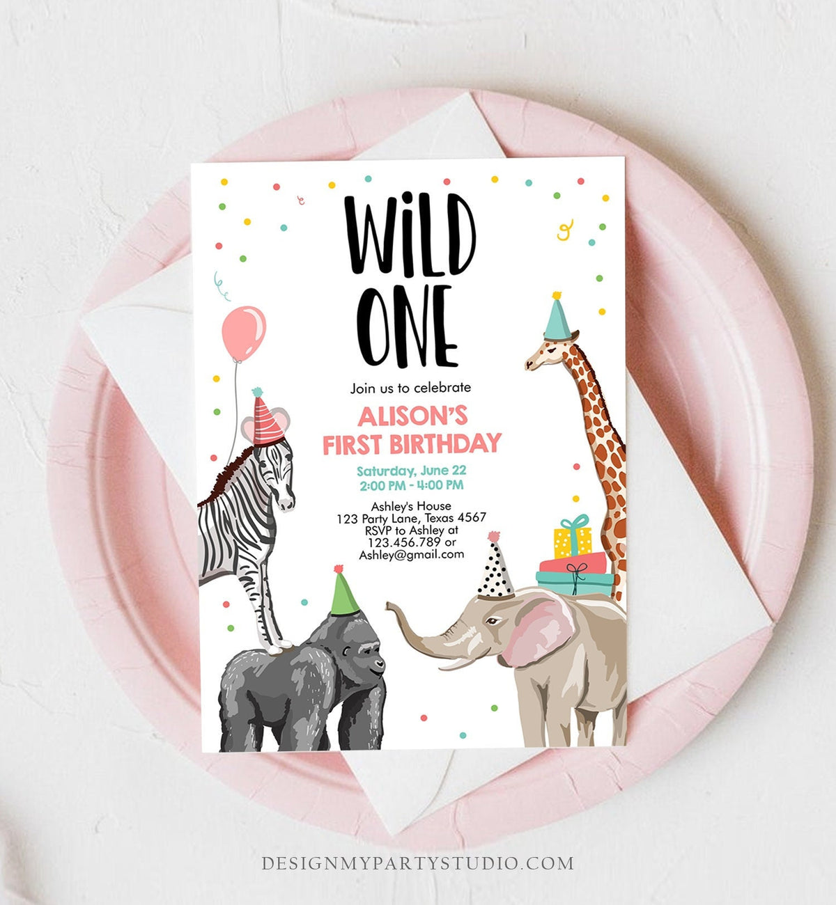 May include: A cute and colorful &amp;#39;Wild One&amp;#39; first birthday invitation features a whimsical design with animals like a zebra, gorilla, elephant, and giraffe. The invitation is predominantly white with pastel accents and confetti.  It includes the birthday girl&amp;#39;s name, Alison, date, time, location, and RSVP information. The text &amp;#39;Wild One&amp;#39; is prominently displayed at the top.