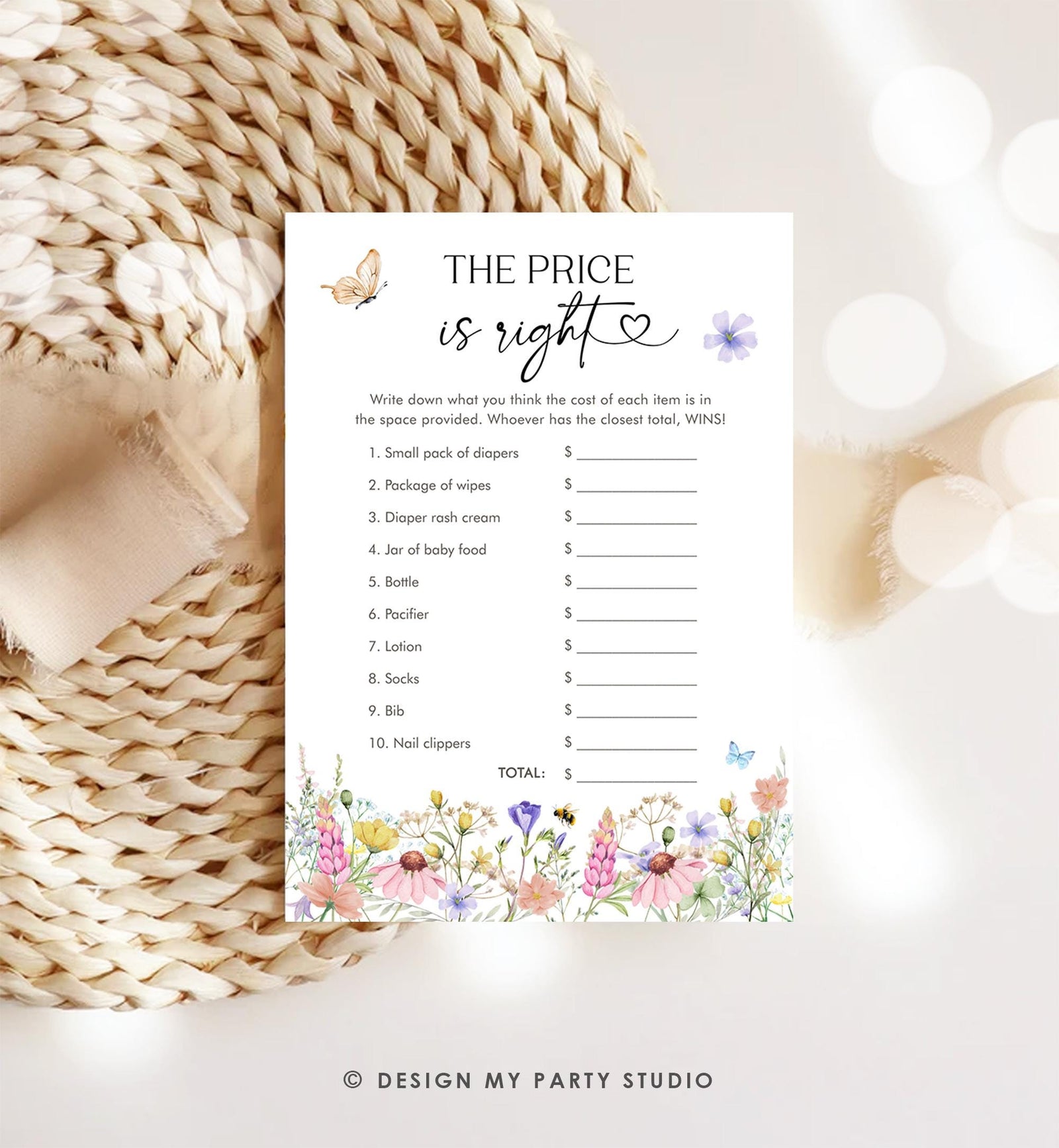 Editable The Price is Right Game Card Wildflowers Baby Shower Game Guess Game Baby in Bloom Butterflies Digital Template Printable 0543