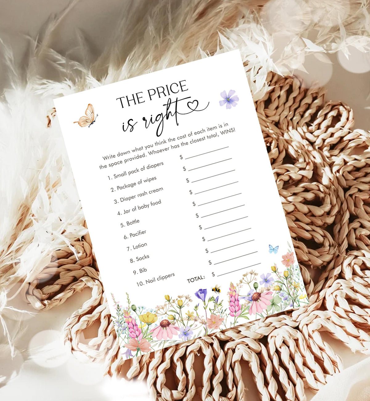 Editable The Price is Right Game Card Wildflowers Baby Shower Game Guess Game Baby in Bloom Butterflies Digital Template Printable 0543
