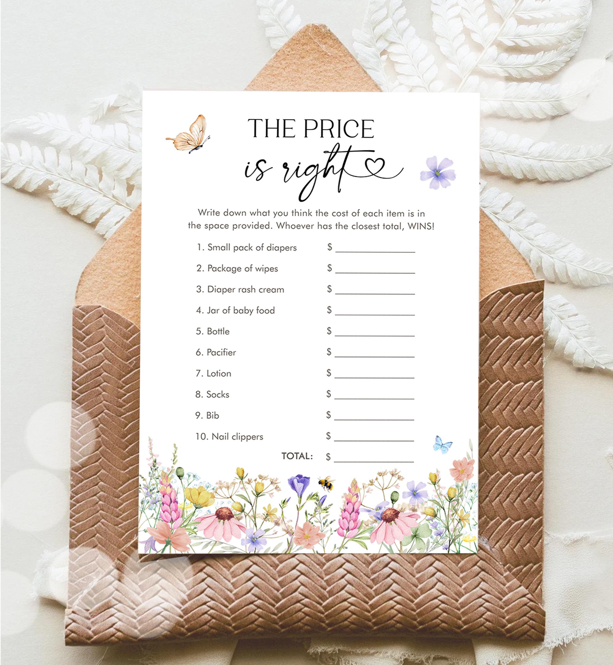 Editable The Price is Right Game Card Wildflowers Baby Shower Game Guess Game Baby in Bloom Butterflies Digital Template Printable 0543