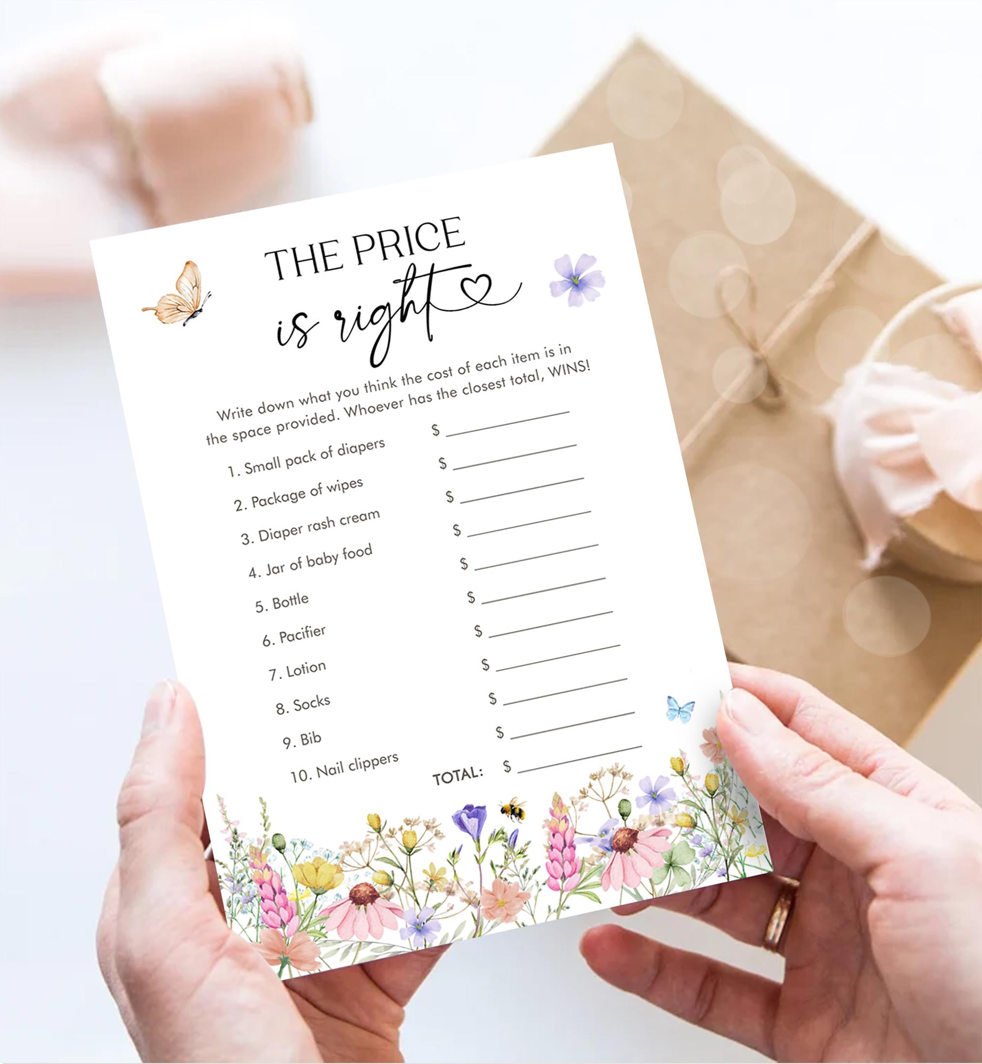 Editable The Price is Right Game Card Wildflowers Baby Shower Game Guess Game Baby in Bloom Butterflies Digital Template Printable 0543