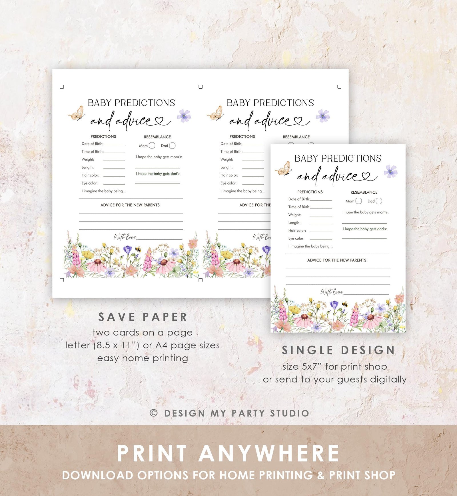 Editable Baby Predictions and Advice Game Card Wildflowers Baby Shower Game Baby in Bloom Butterflies Digital Template Printable 0543