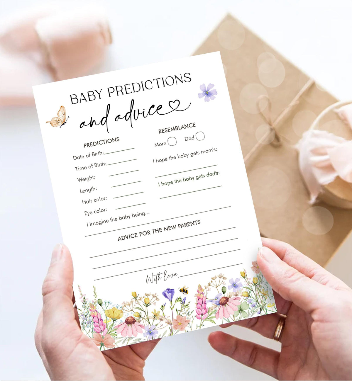 Editable Baby Predictions and Advice Game Card Wildflowers Baby Shower Game Baby in Bloom Butterflies Digital Template Printable 0543