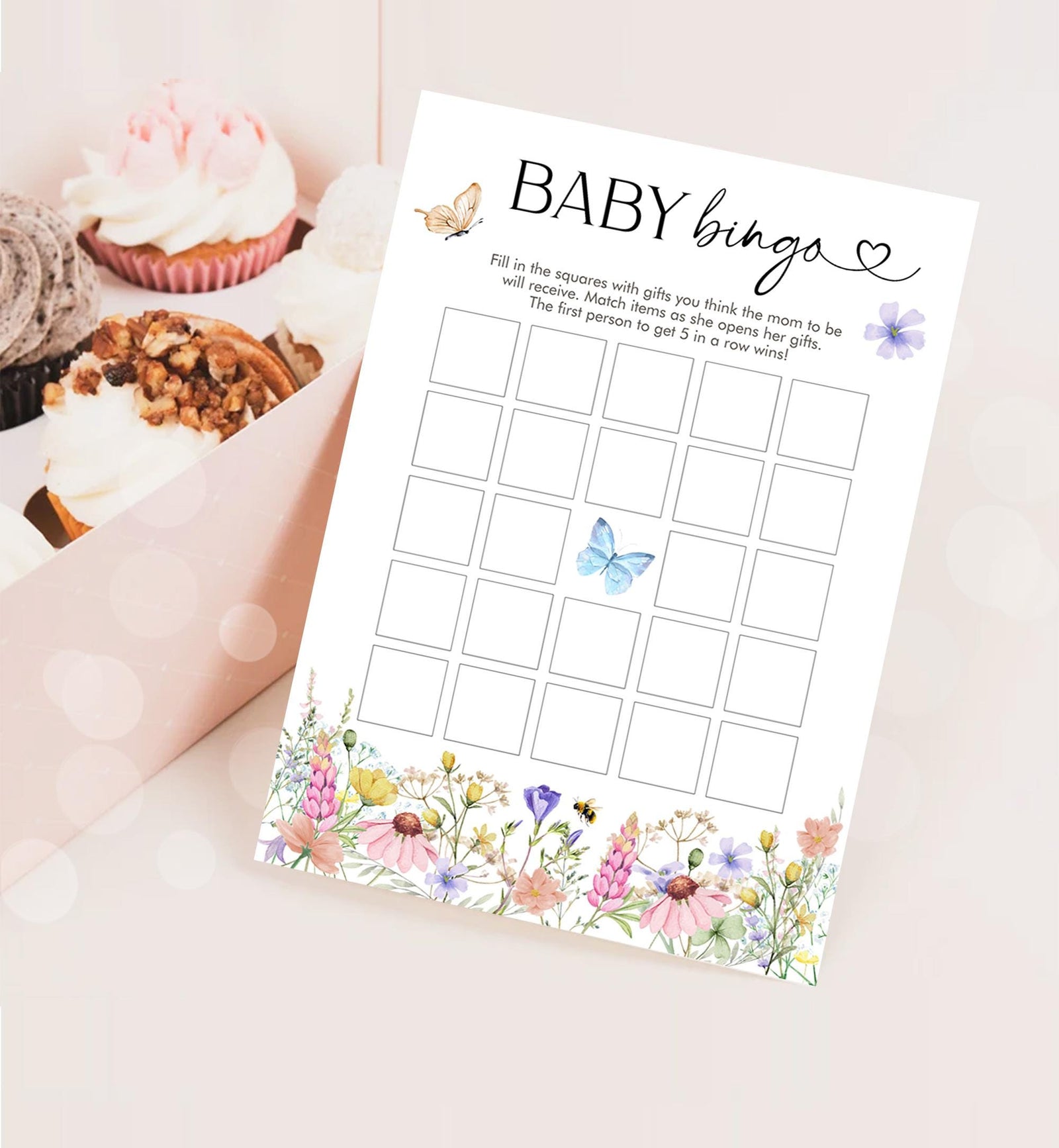 Editable Baby Bingo Game Card Wildflowers Baby Shower Game Baby in Bloom Butterflies Digital Template Printable 0543