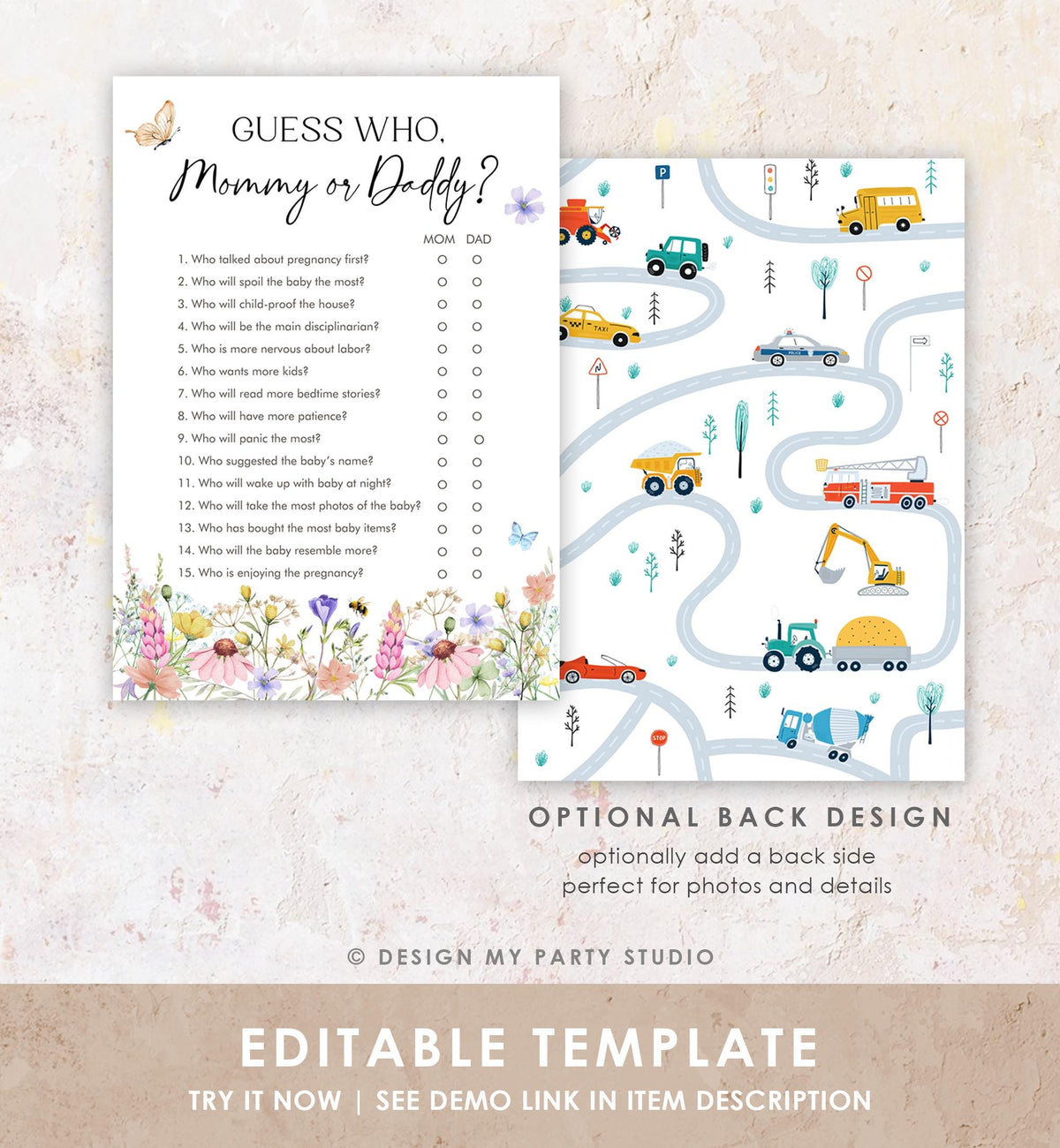 Editable Guess Who Mommy or Daddy Game Card Wildflowers Baby Shower Game in Bloom Mom or Dad Butterflies Digital Template Printable 0543