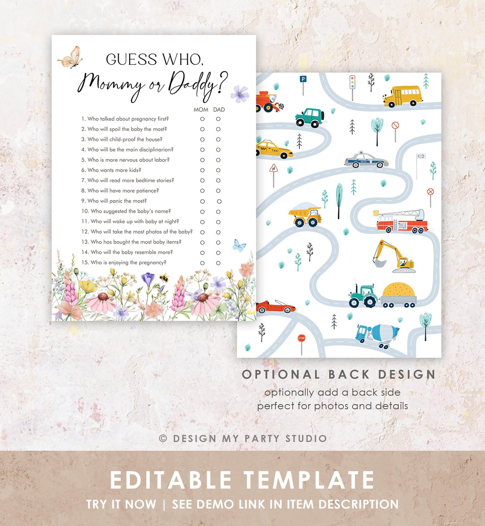 Editable Guess Who Mommy or Daddy Game Card Wildflowers Baby Shower Game in Bloom Mom or Dad Butterflies Digital Template Printable 0543