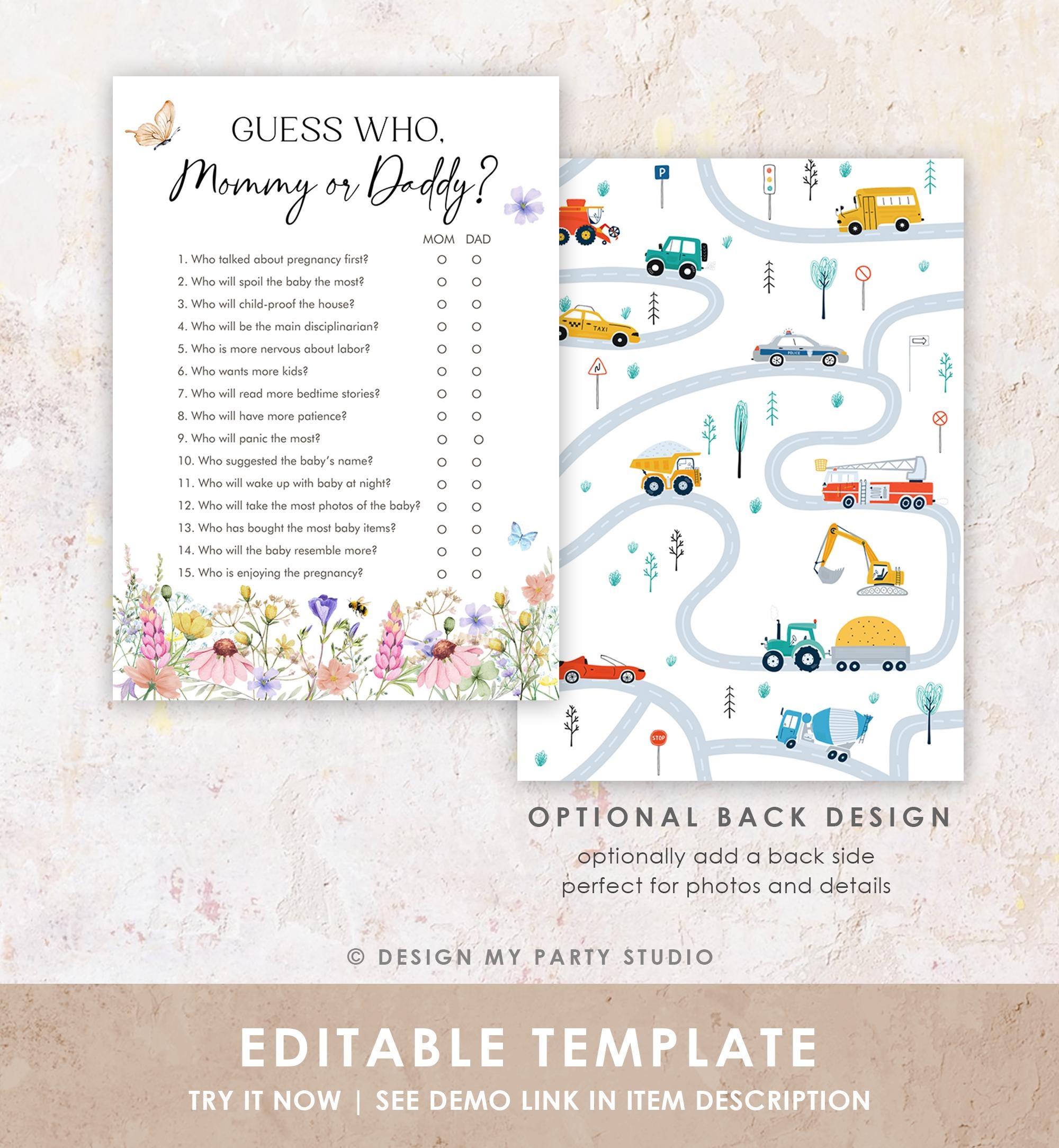 Editable Guess Who Mommy or Daddy Game Card Wildflowers Baby Shower Game in Bloom Mom or Dad Butterflies Digital Template Printable 0543