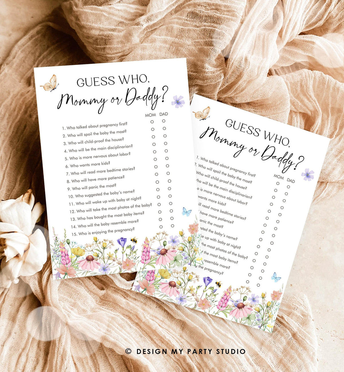Editable Guess Who Mommy or Daddy Game Card Wildflowers Baby Shower Game in Bloom Mom or Dad Butterflies Digital Template Printable 0543