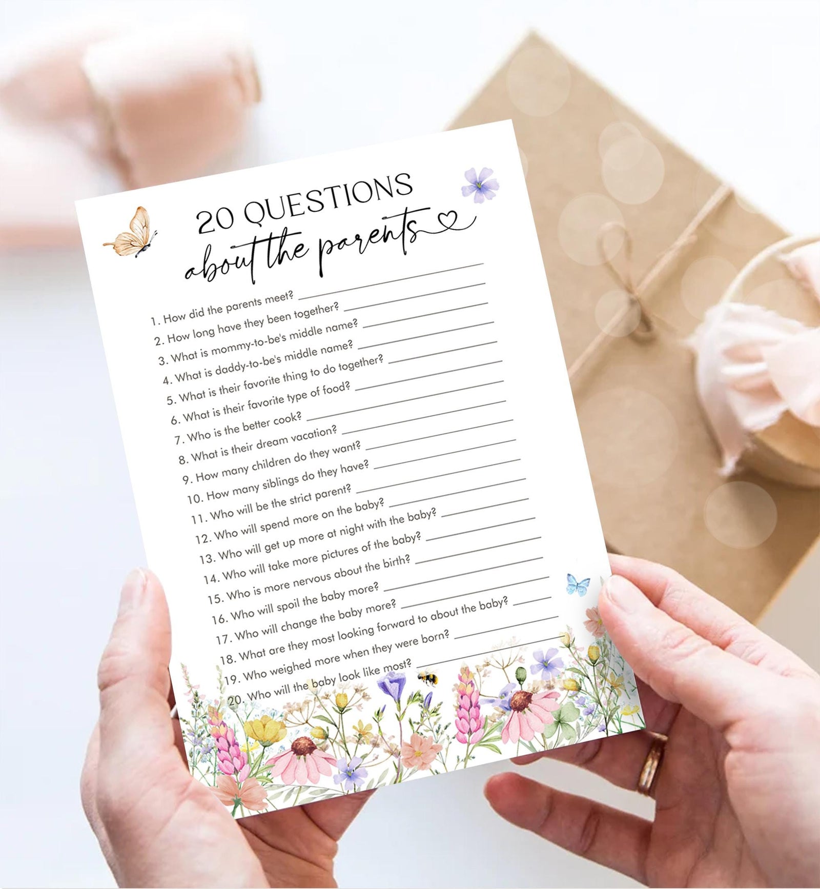 Editable Questions About the Parents Game Card Wildflowers Baby Shower Game in Bloom Wild Flower Butterflies Digital Template Printable 0543